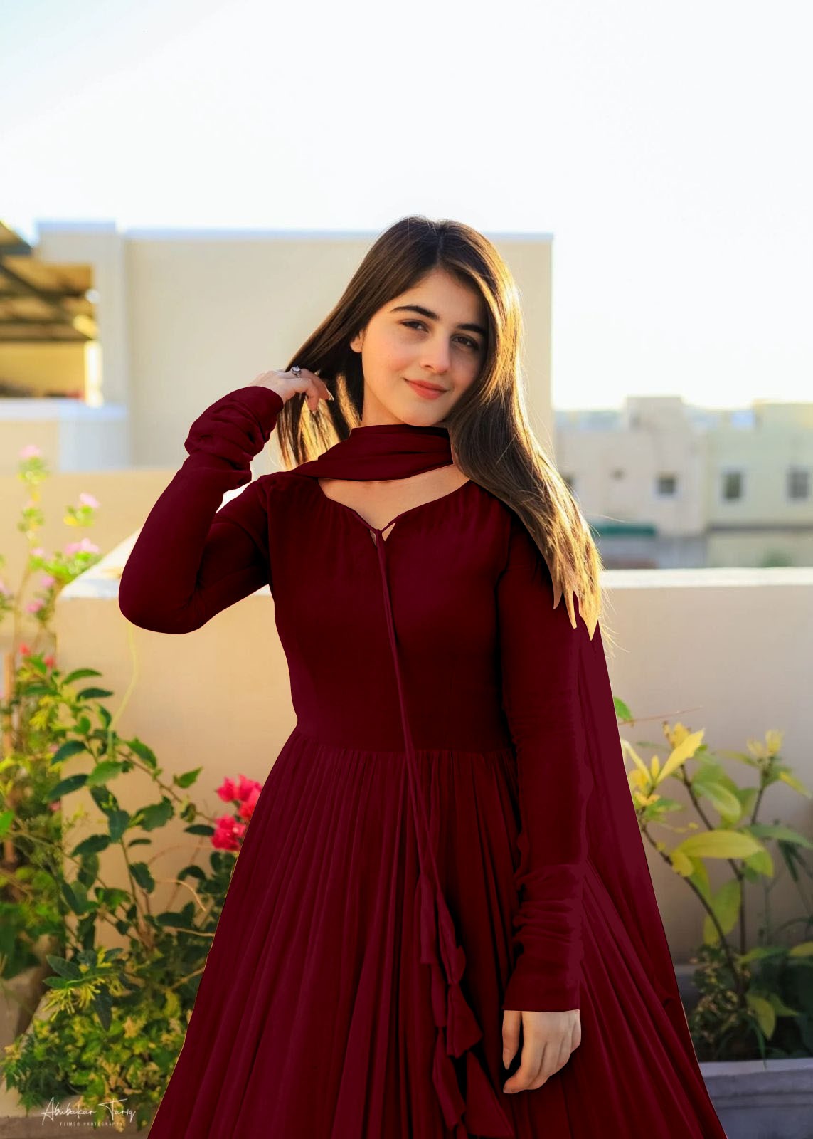 Gown with Dupatta in Georgette Fabric with 4 meter flair in maroon