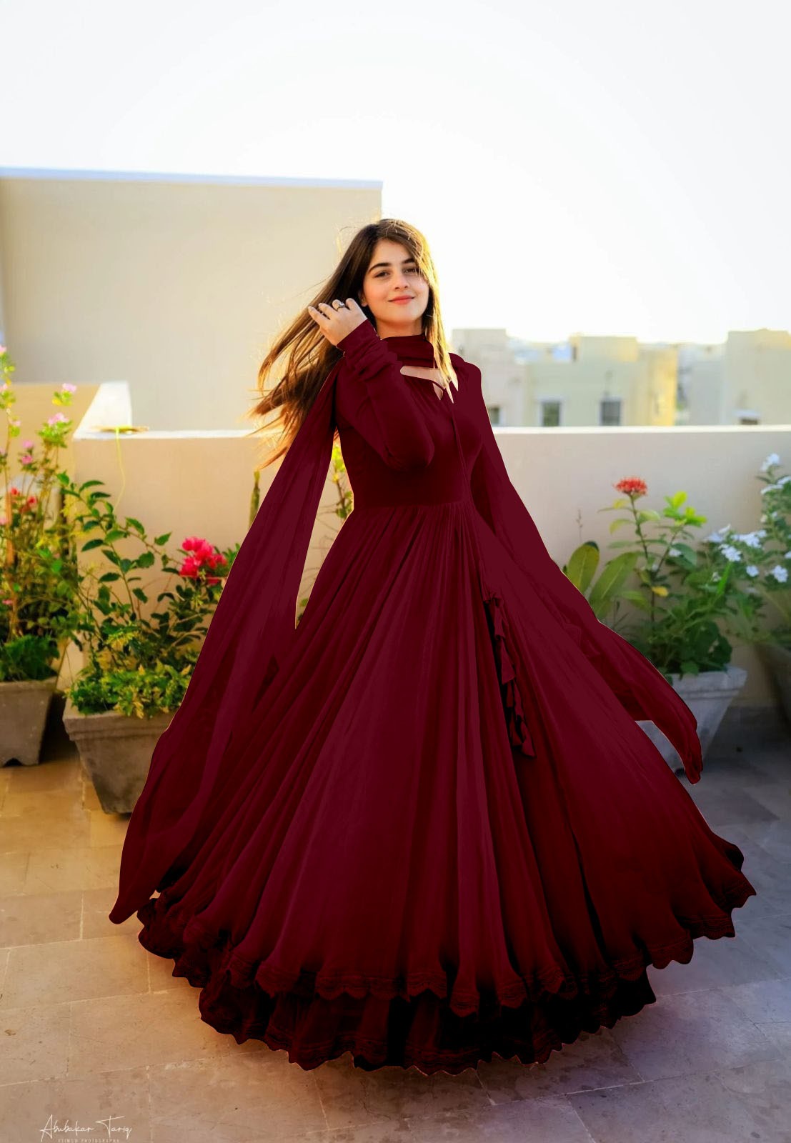 Gown with Dupatta in Georgette Fabric with 4 meter flair in maroon