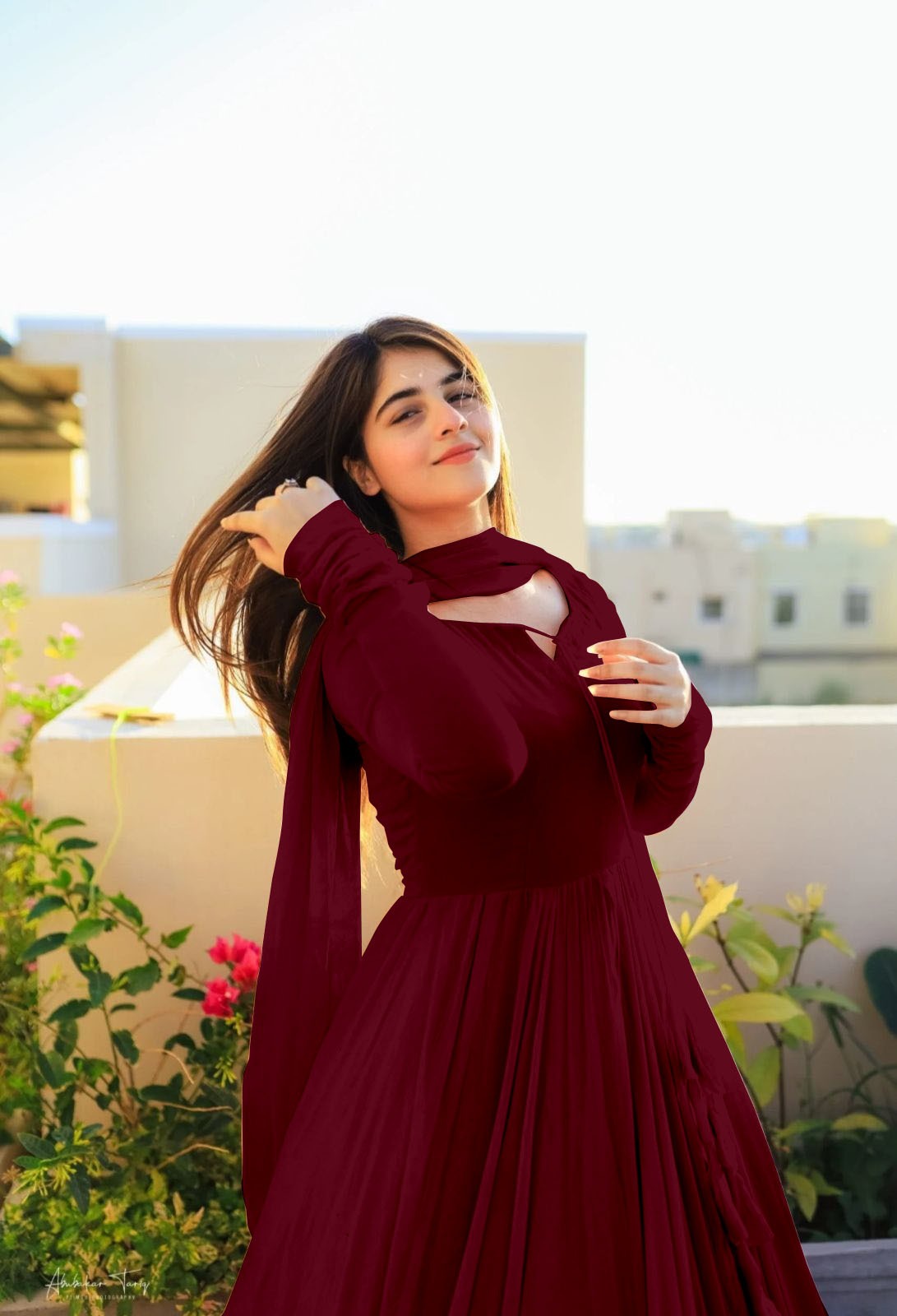 Gown with Dupatta in Georgette Fabric with 4 meter flair in maroon