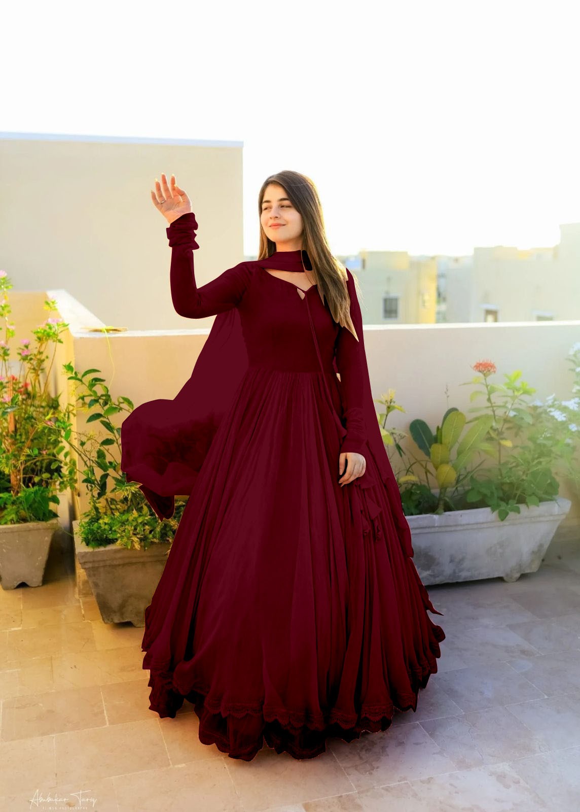 Gown with Dupatta in Georgette Fabric with 4 meter flair in maroon
