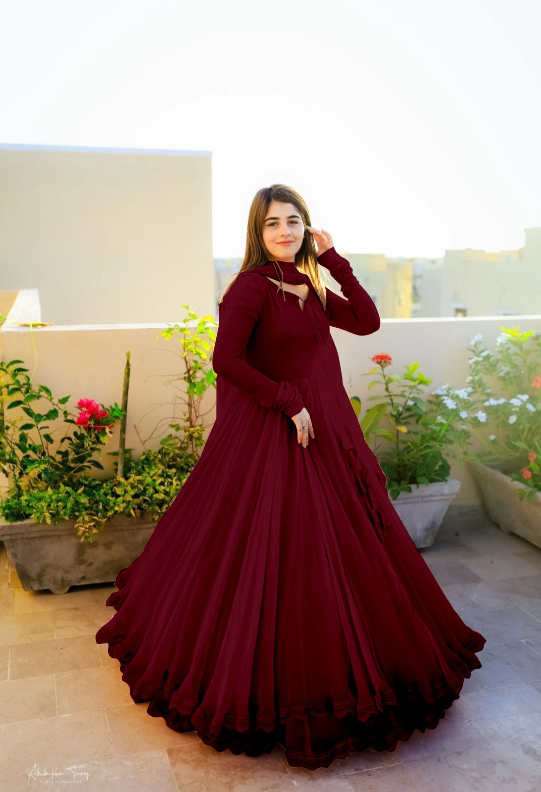 Gown with Dupatta in Georgette Fabric with 4 meter flair in maroon