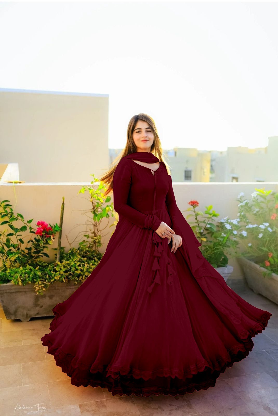 Gown with Dupatta in Georgette Fabric with 4 meter flair in maroon