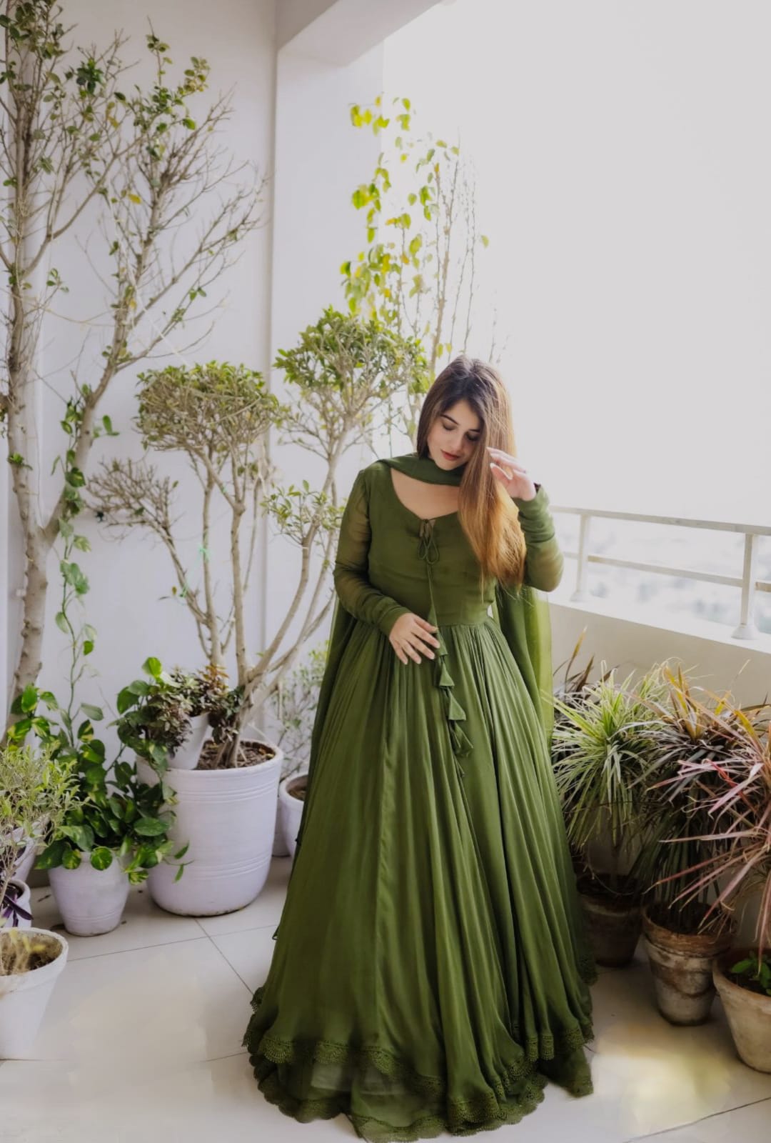 Gown with Dupatta in Georgette Fabric with 4 meter flair in green