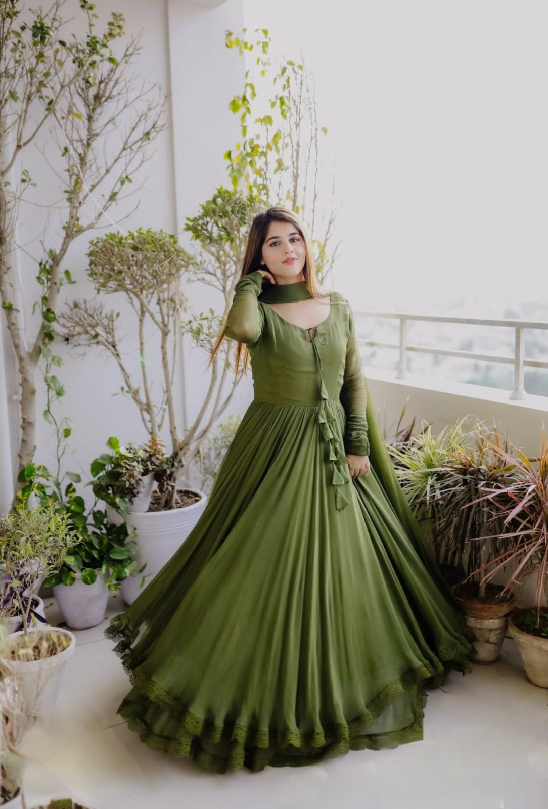 Gown with Dupatta in Georgette Fabric with 4 meter flair in green
