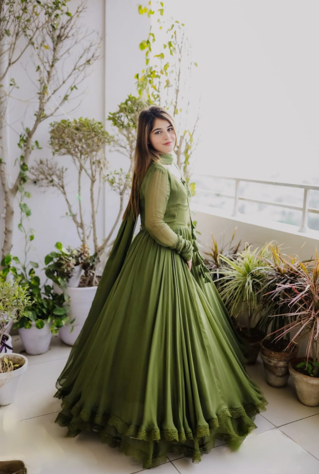 Gown with Dupatta in Georgette Fabric with 4 meter flair in green