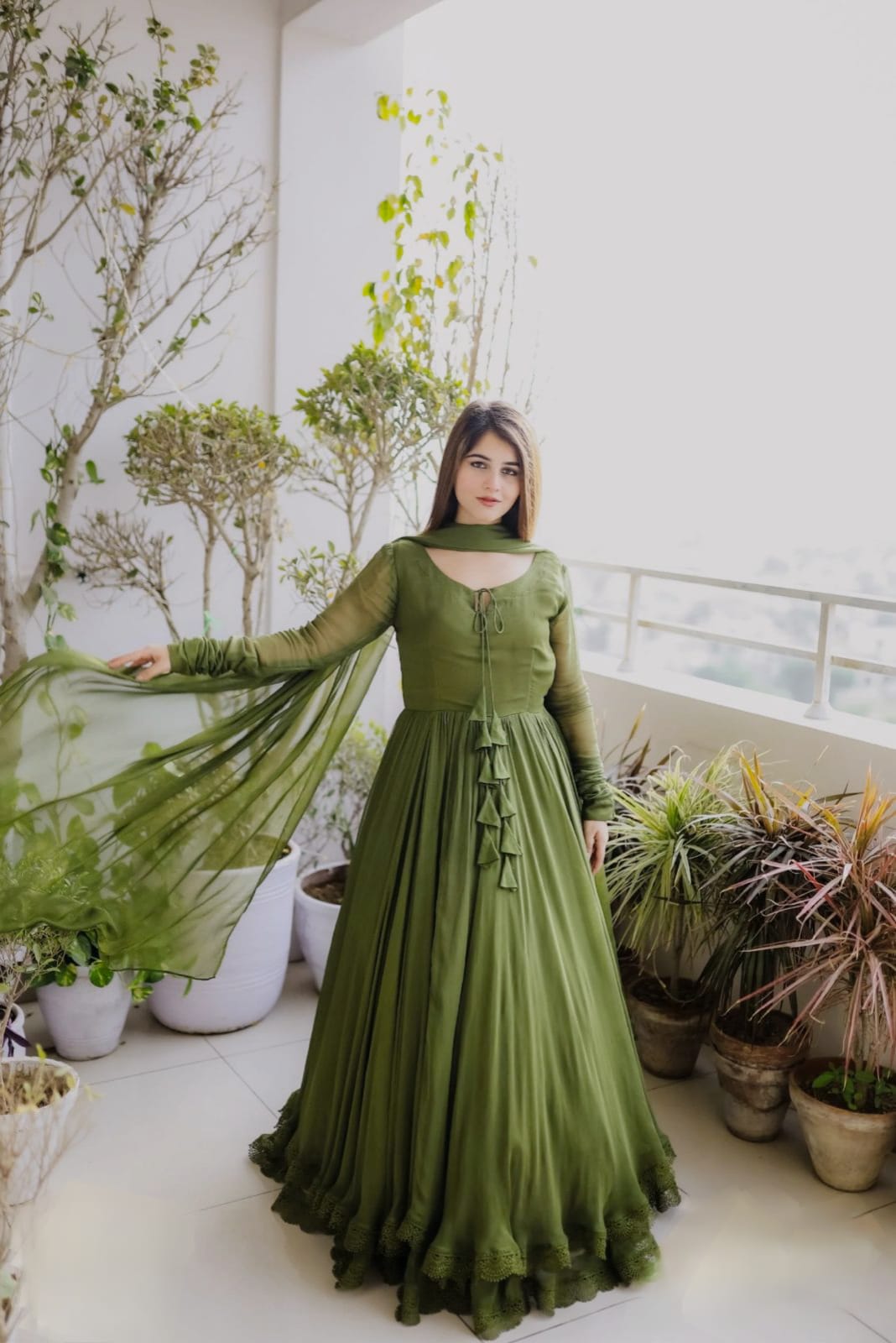 Gown with Dupatta in Georgette Fabric with 4 meter flair in green