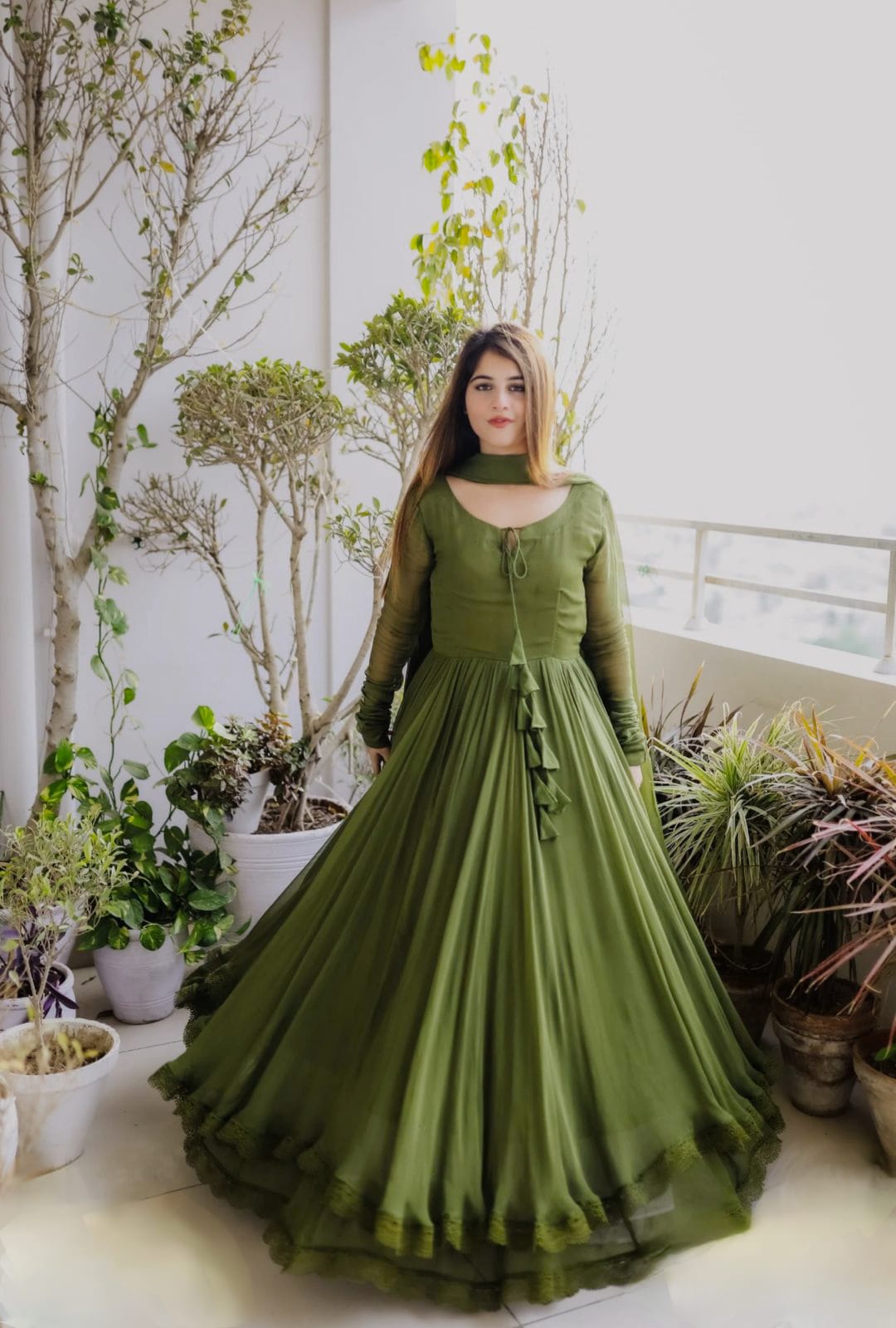 Gown with Dupatta in Georgette Fabric with 4 meter flair in green