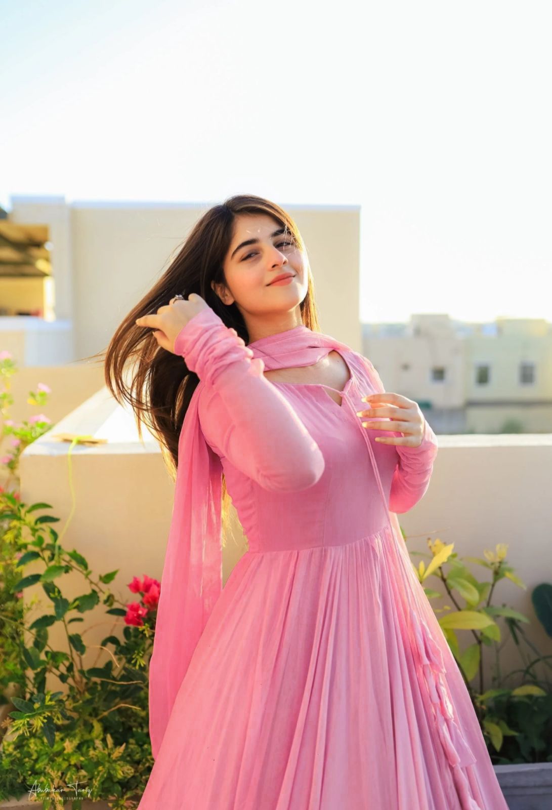 Gown with Dupatta in Georgette Fabric with 4 meter flair in pink