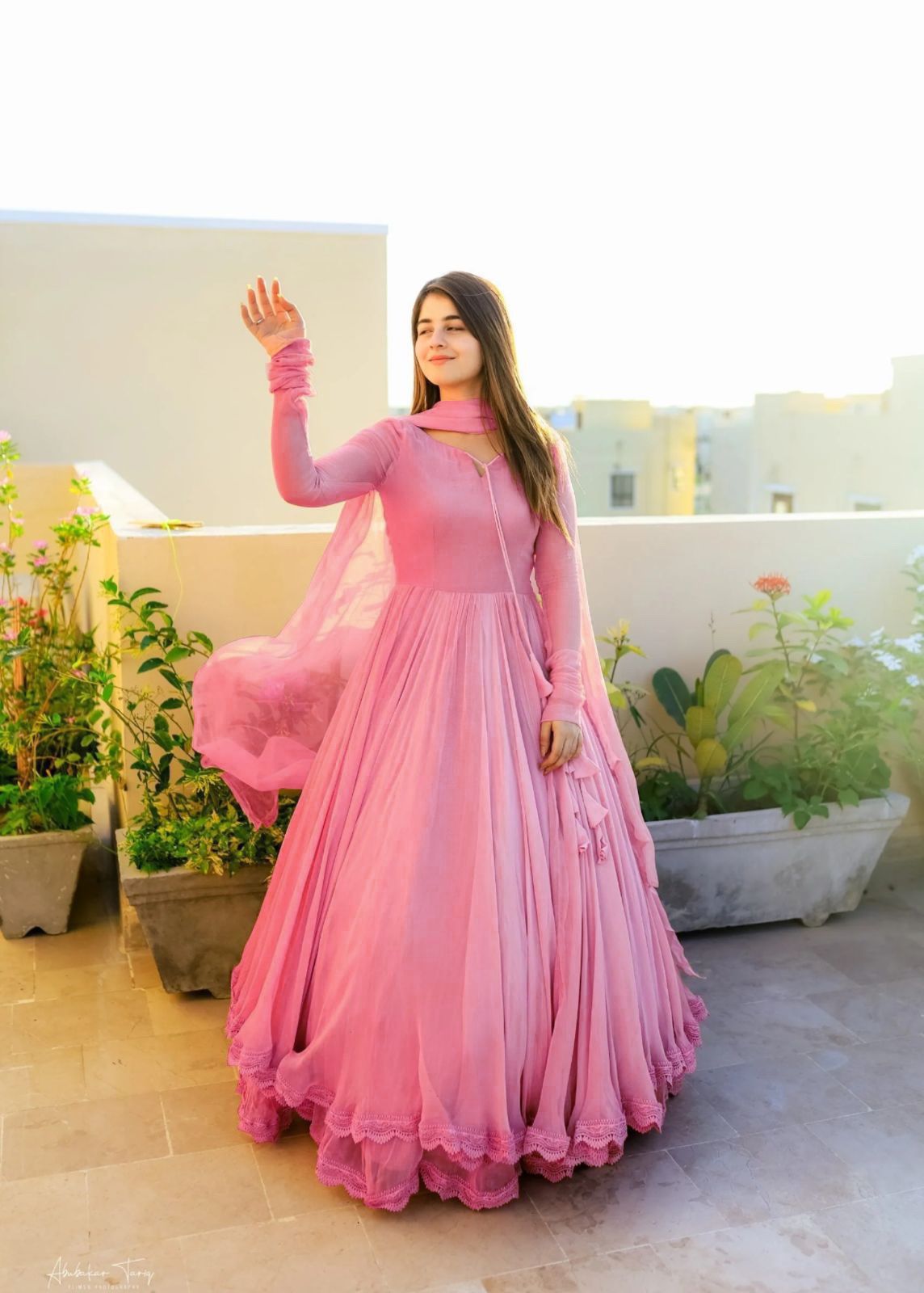 Gown with Dupatta in Georgette Fabric with 4 meter flair in pink