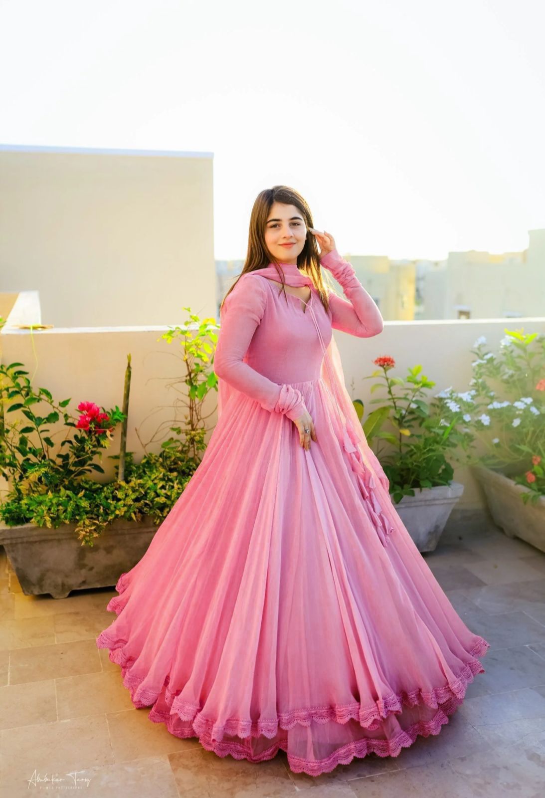 Gown with Dupatta in Georgette Fabric with 4 meter flair in pink