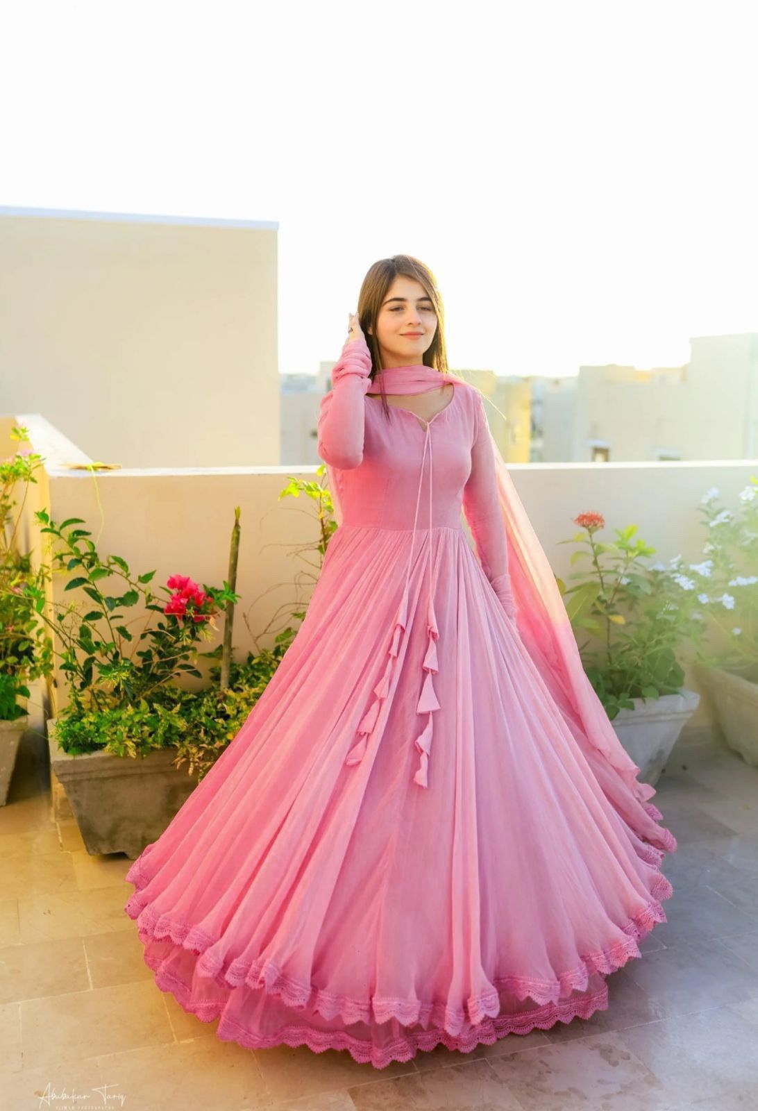 Gown with Dupatta in Georgette Fabric with 4 meter flair in pink