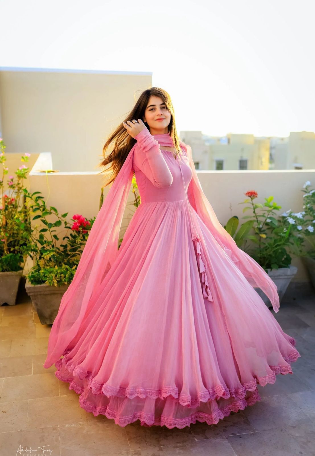 Gown with Dupatta in Georgette Fabric with 4 meter flair in pink