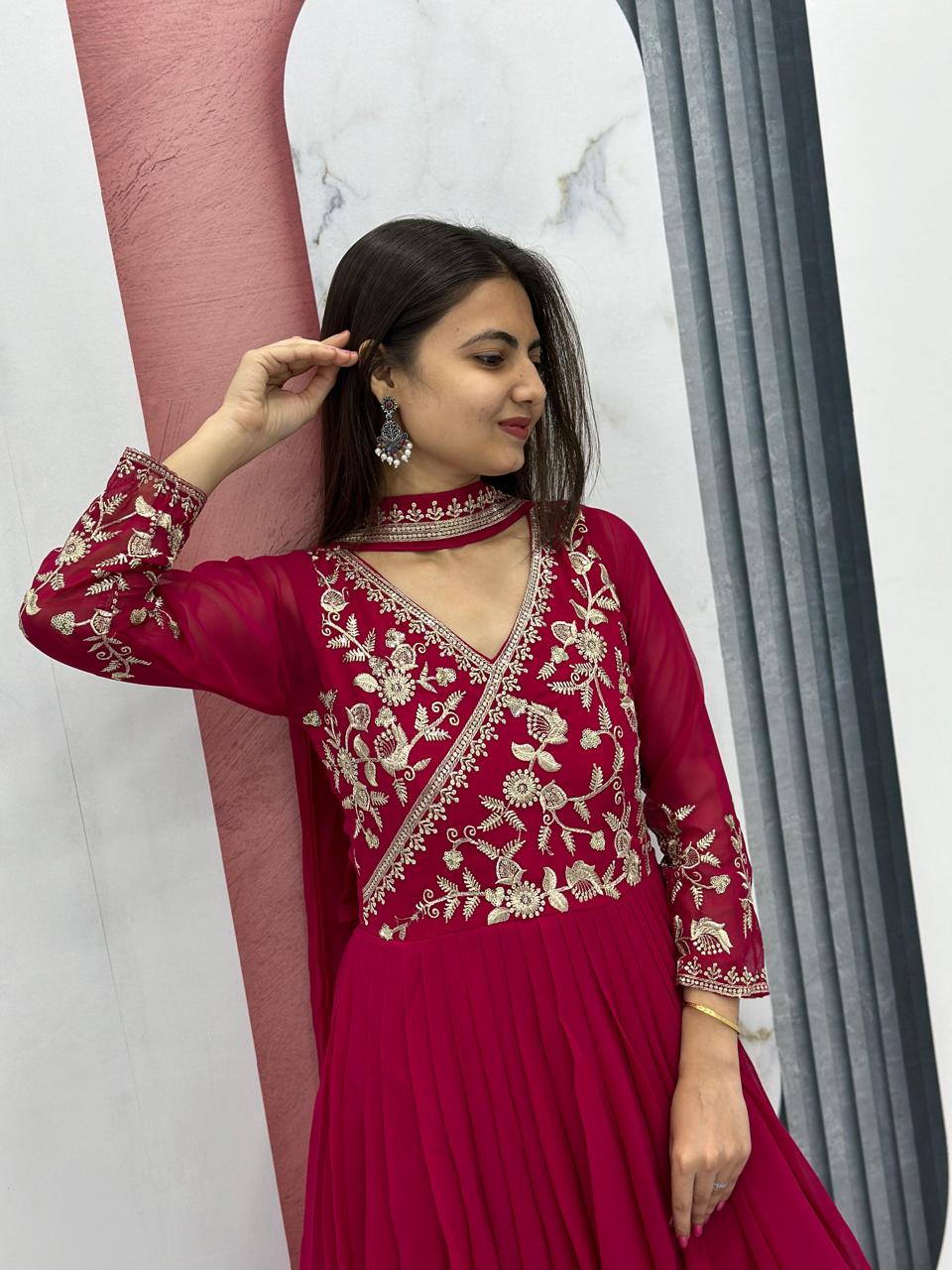 Maroon Red Color Beautiful Partywear Gown in Georgette Fabric