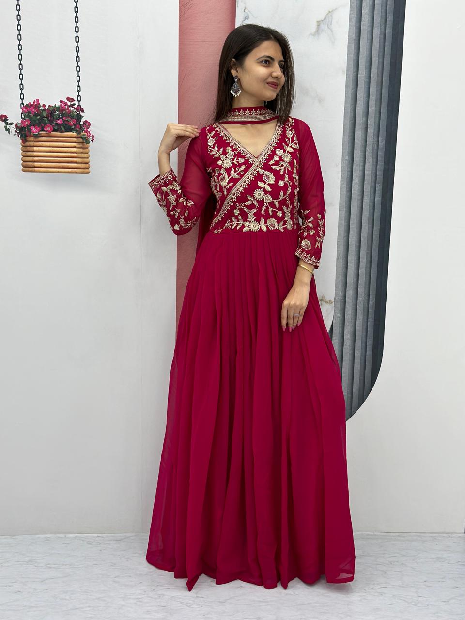 Maroon Red Color Beautiful Partywear Gown in Georgette Fabric
