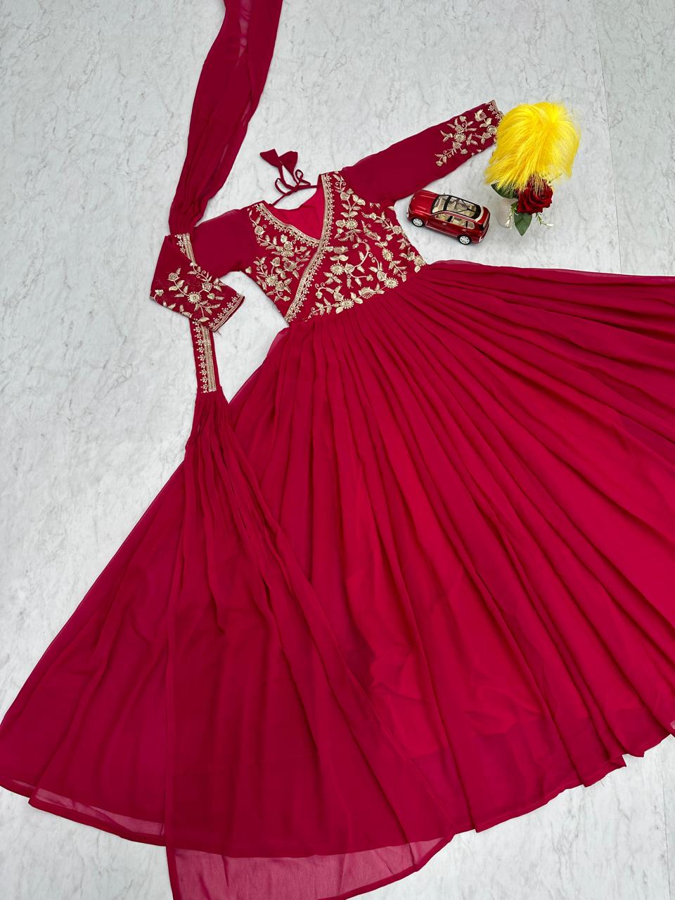 Maroon Red Color Beautiful Partywear Gown in Georgette Fabric