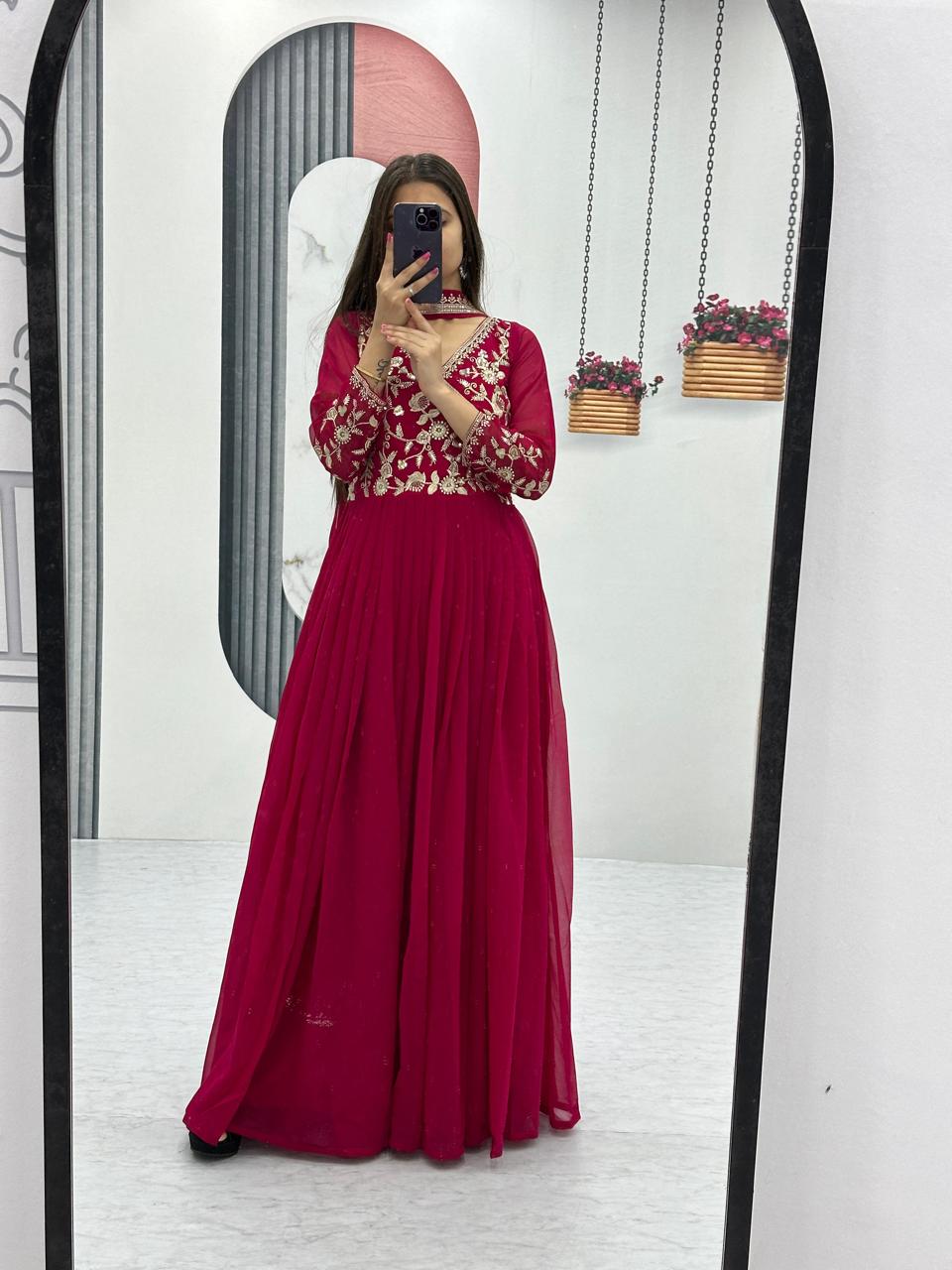 Maroon Red Color Beautiful Partywear Gown in Georgette Fabric