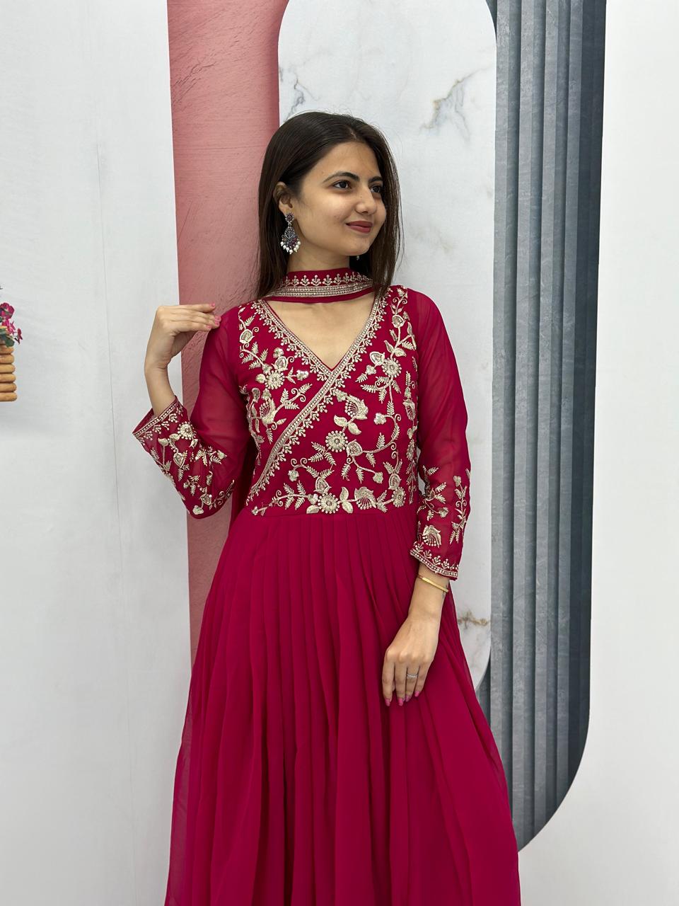 Maroon Red Color Beautiful Partywear Gown in Georgette Fabric