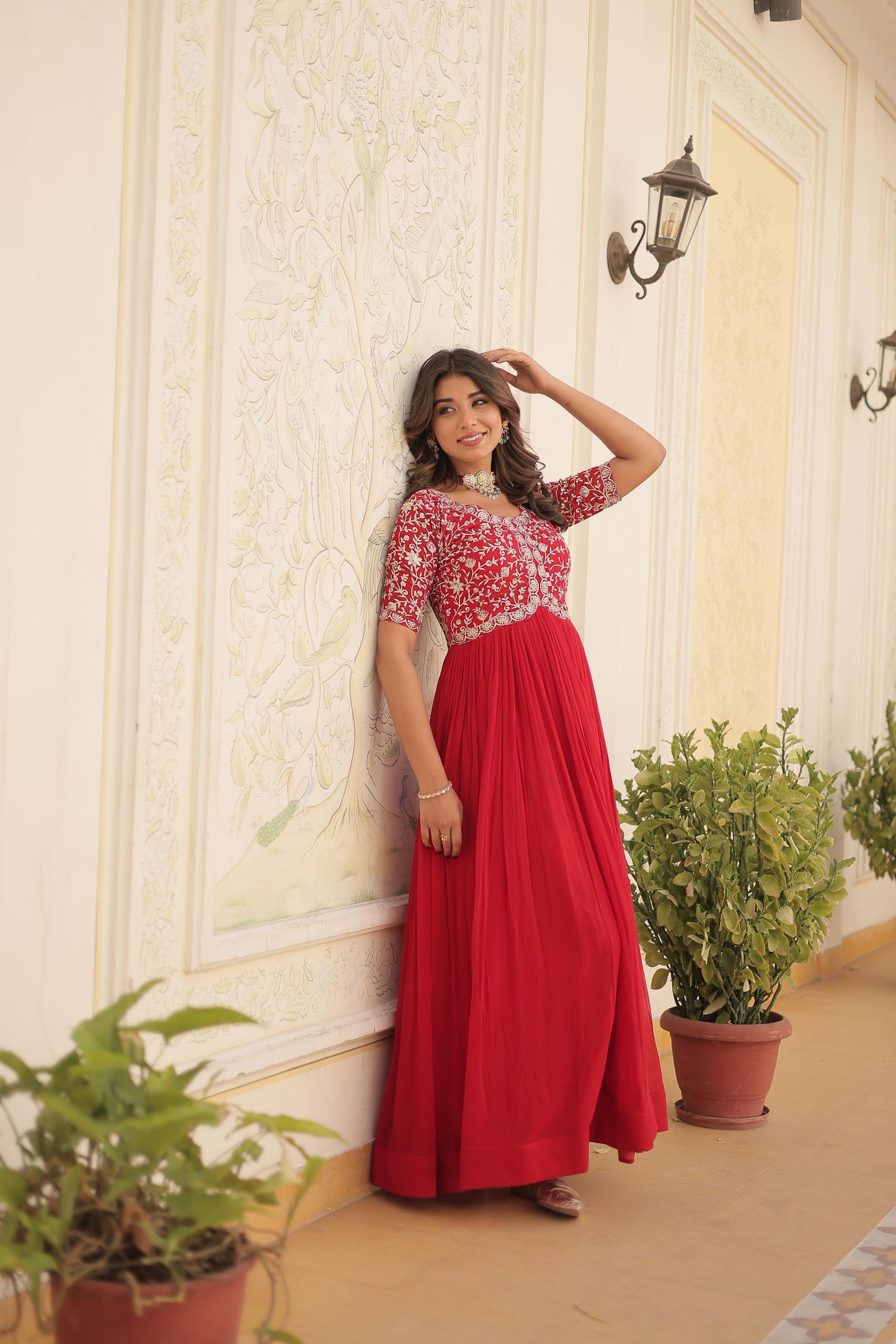Red Color Beautiful Gown In Georgette Fabric With  Embroidery work