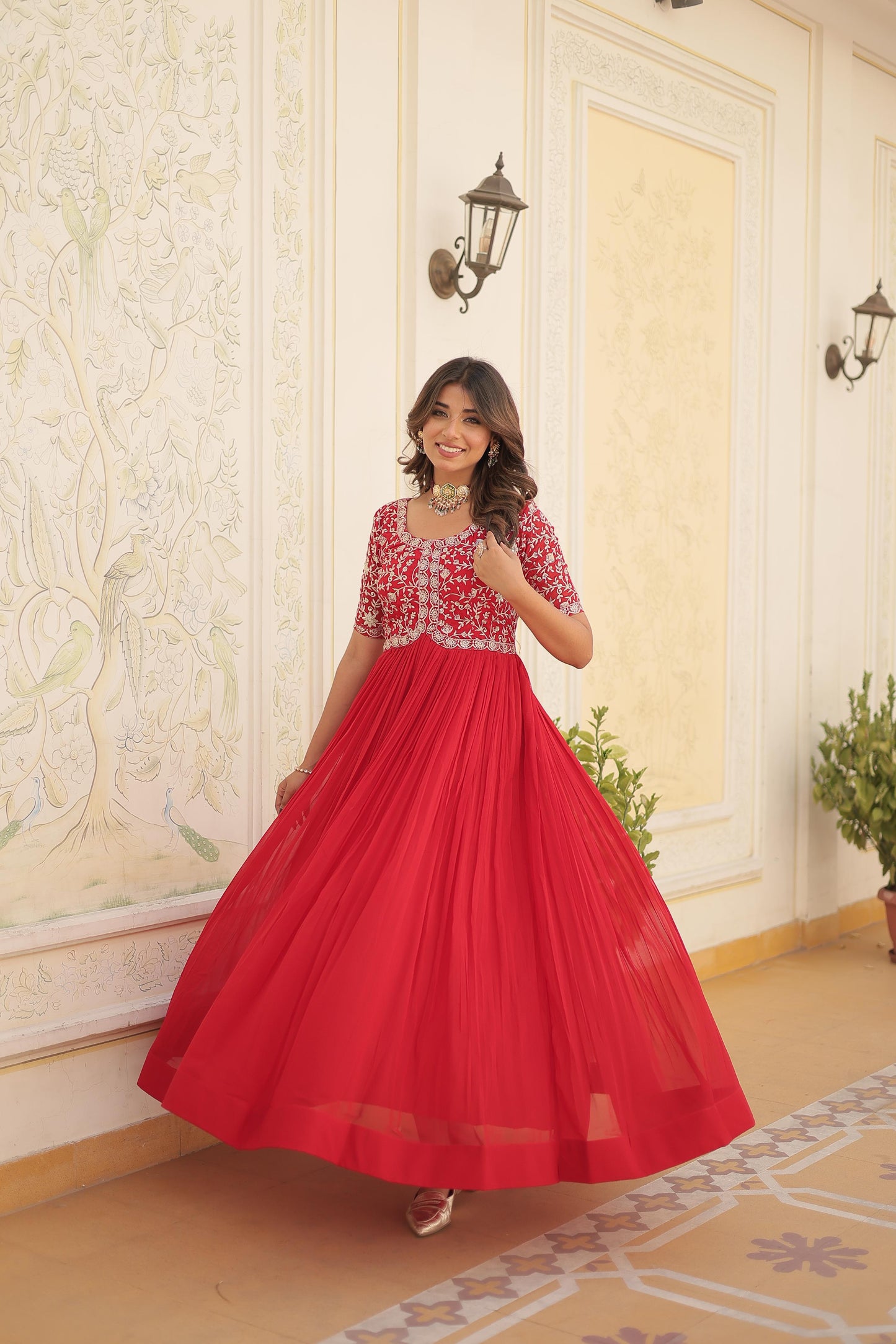 Red Color Beautiful Gown In Georgette Fabric With  Embroidery work