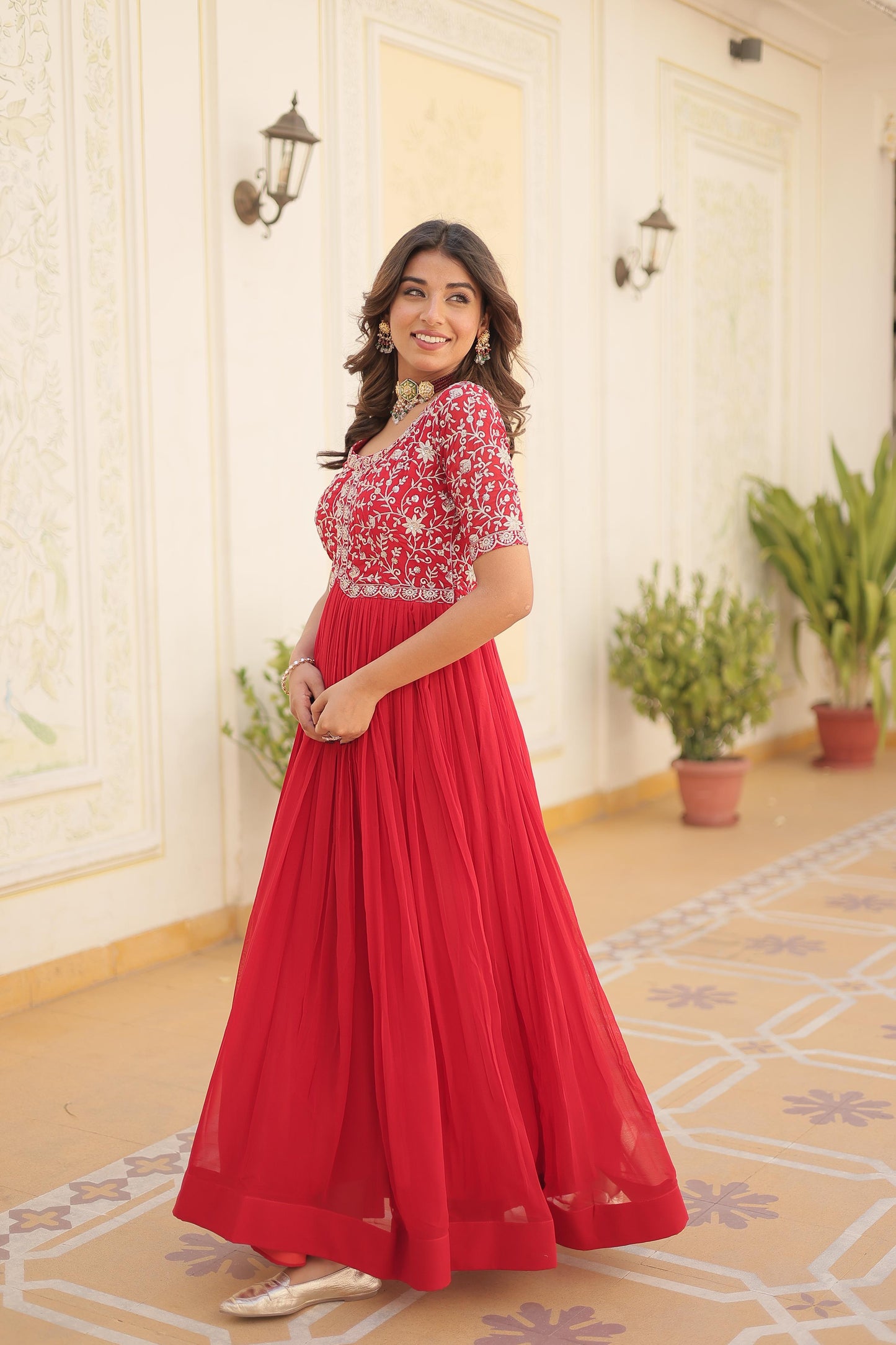 Red Color Beautiful Gown In Georgette Fabric With  Embroidery work