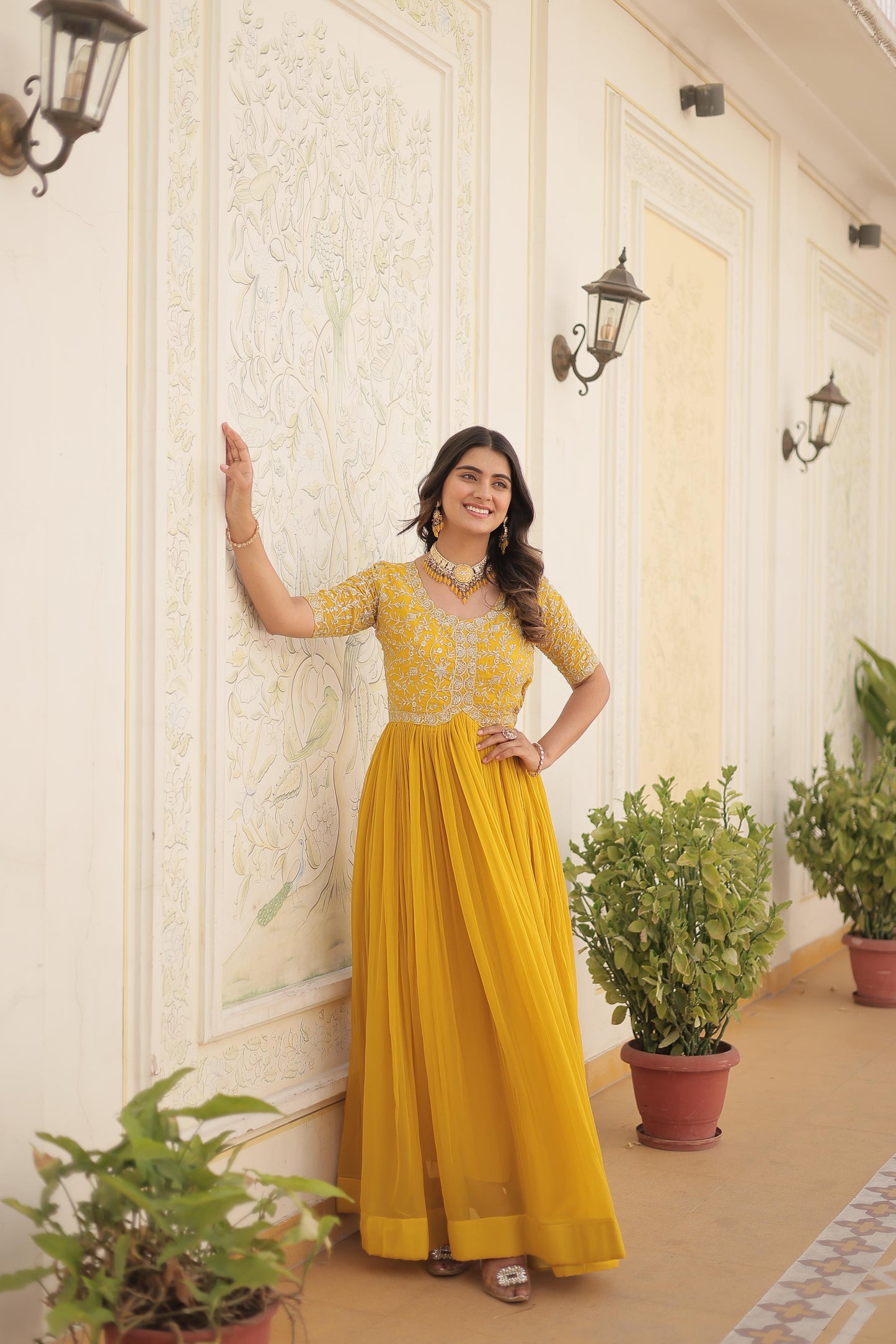 Yellow Color Beautiful Gown In Georgette Fabric With  Embroidery work
