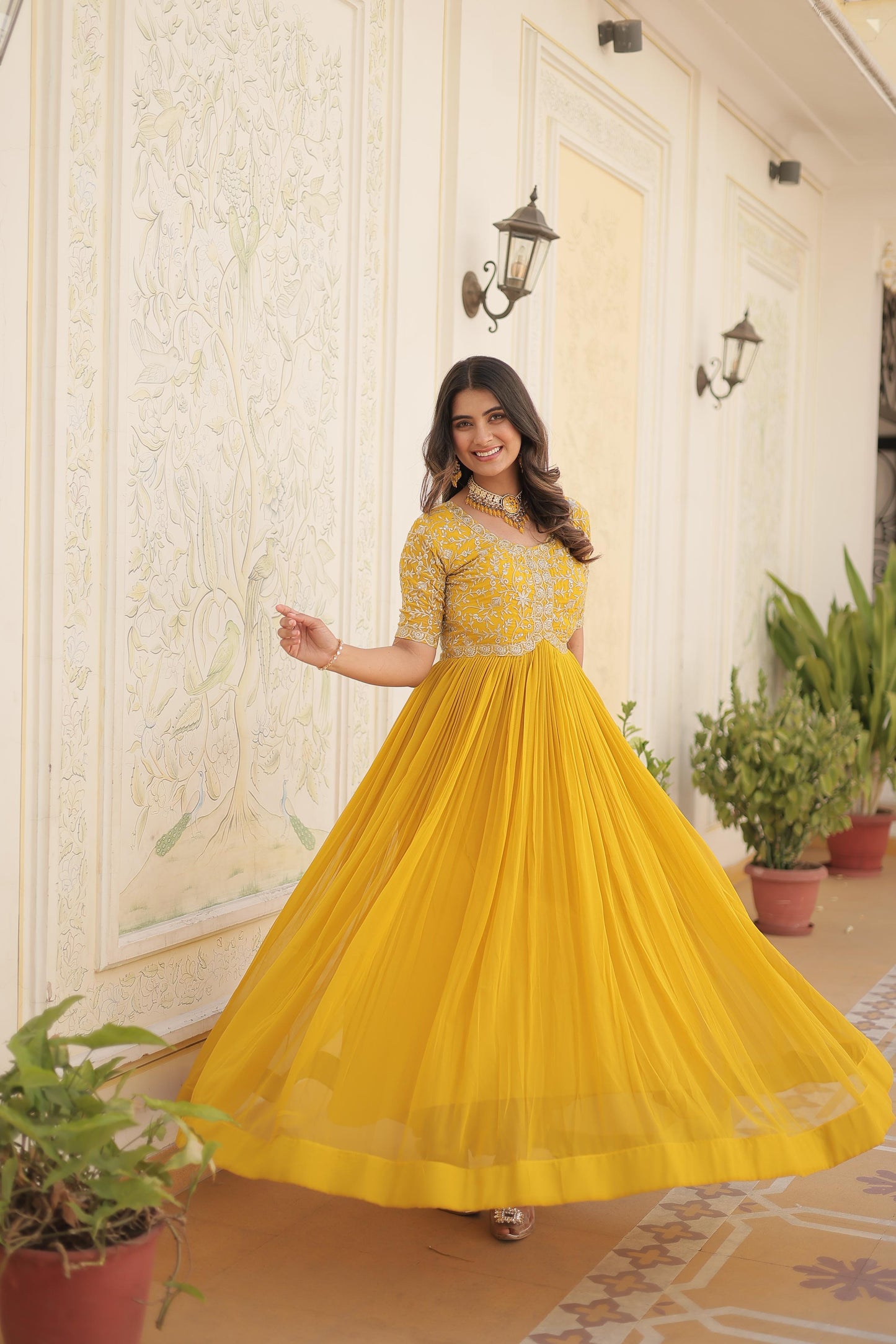Yellow Color Beautiful Gown In Georgette Fabric With  Embroidery work