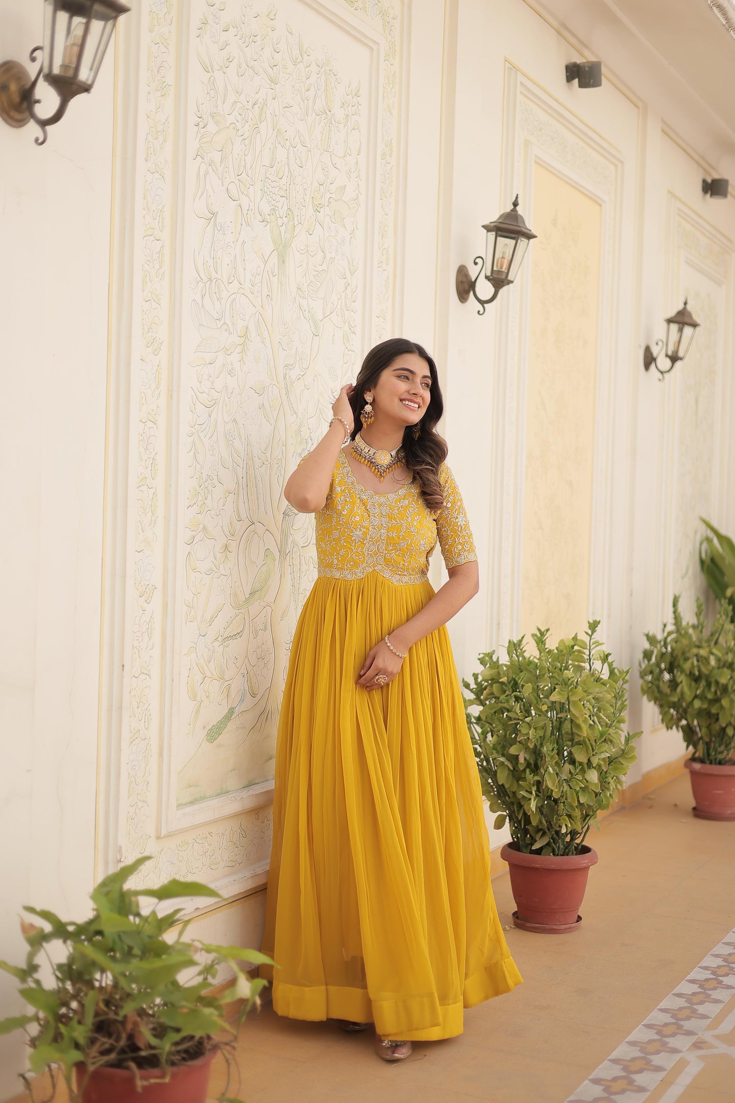 Yellow Color Beautiful Gown In Georgette Fabric With  Embroidery work