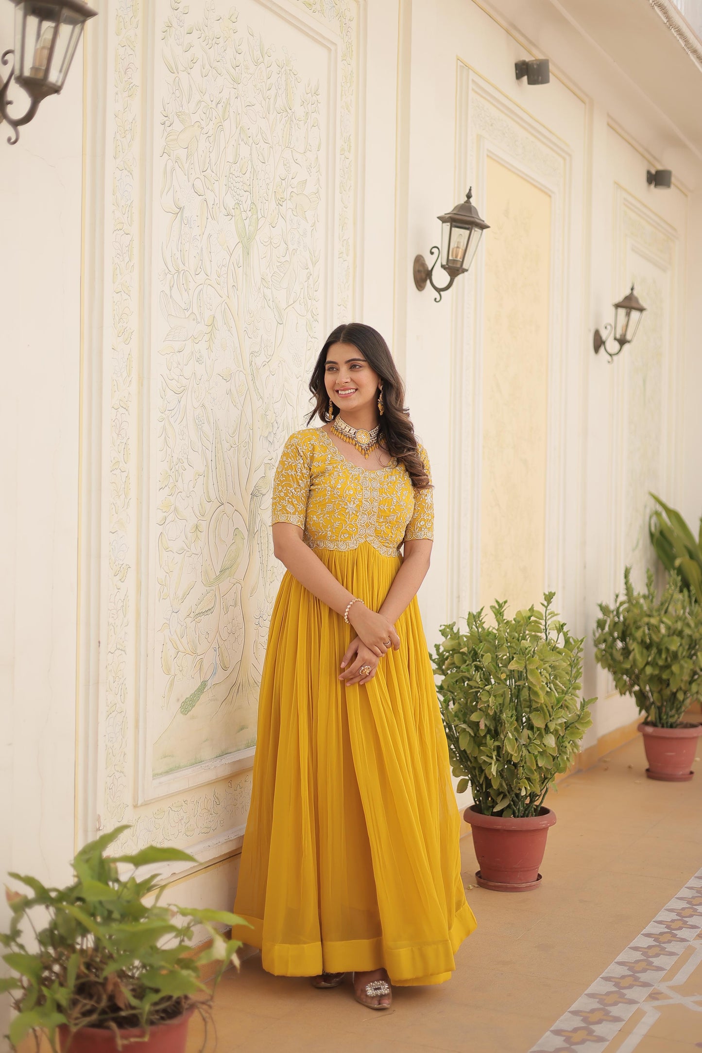 Yellow Color Beautiful Gown In Georgette Fabric With  Embroidery work