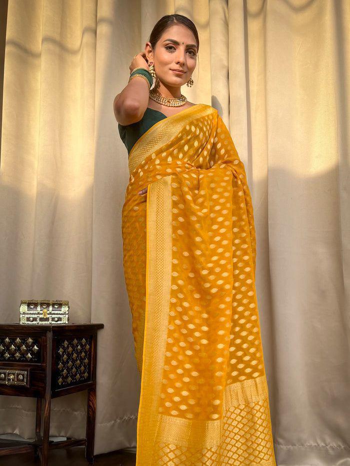 Banarasi Silk Saree with unstitched matching blouse in yellow Color
