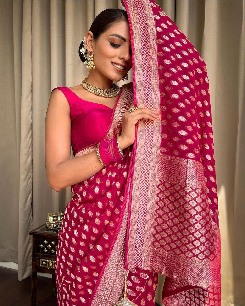Banarasi Silk Saree with unstitched matching blouse in Pink Color