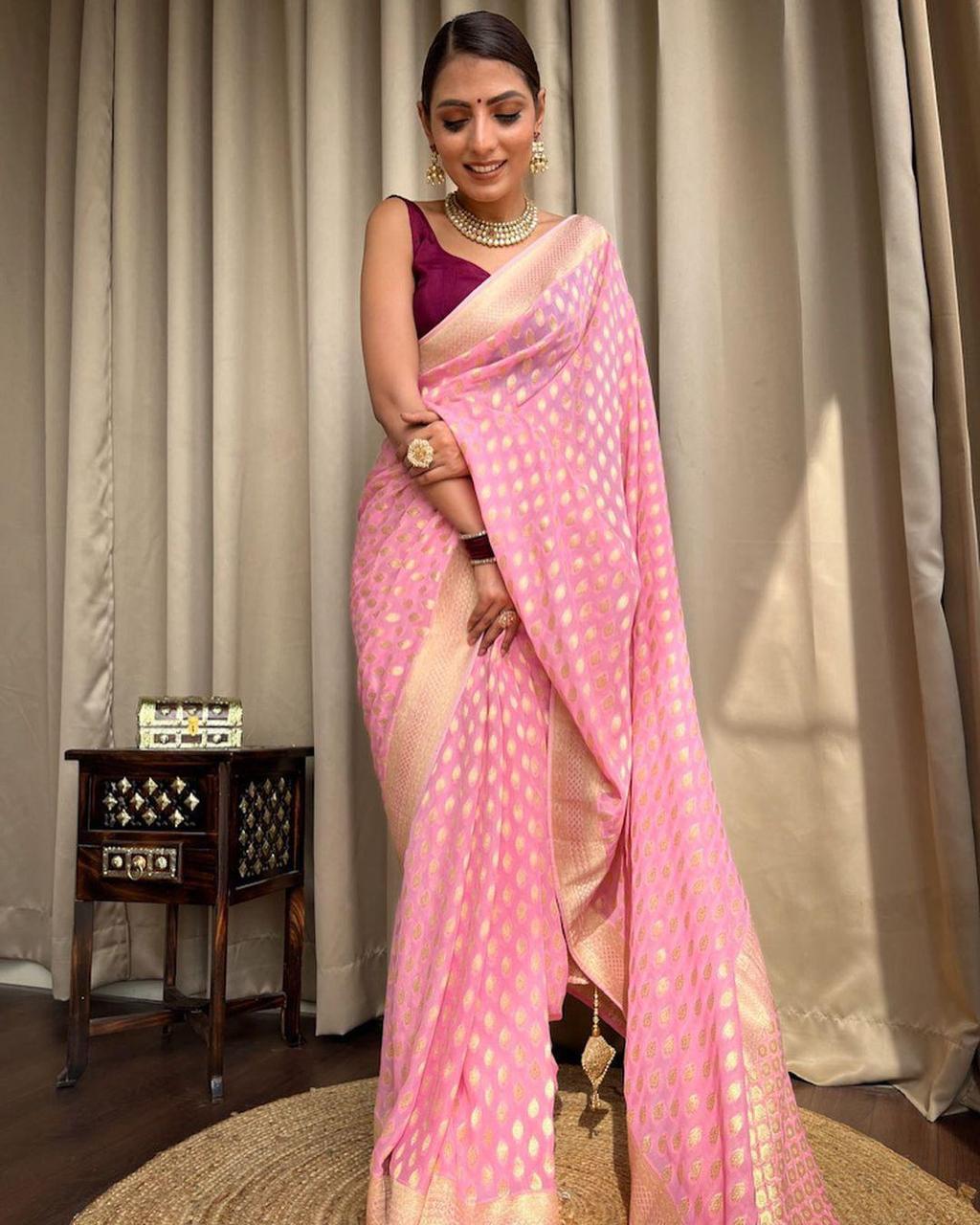Banarasi Silk Saree with unstitched matching blouse in Light Pink Color