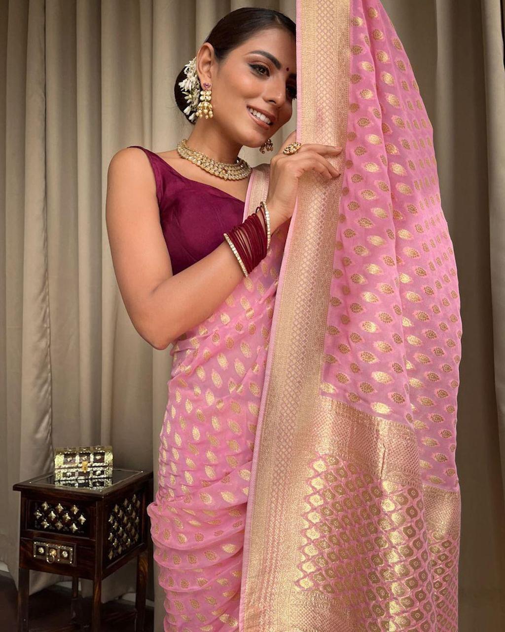 Banarasi Silk Saree with unstitched matching blouse in Light Pink Color