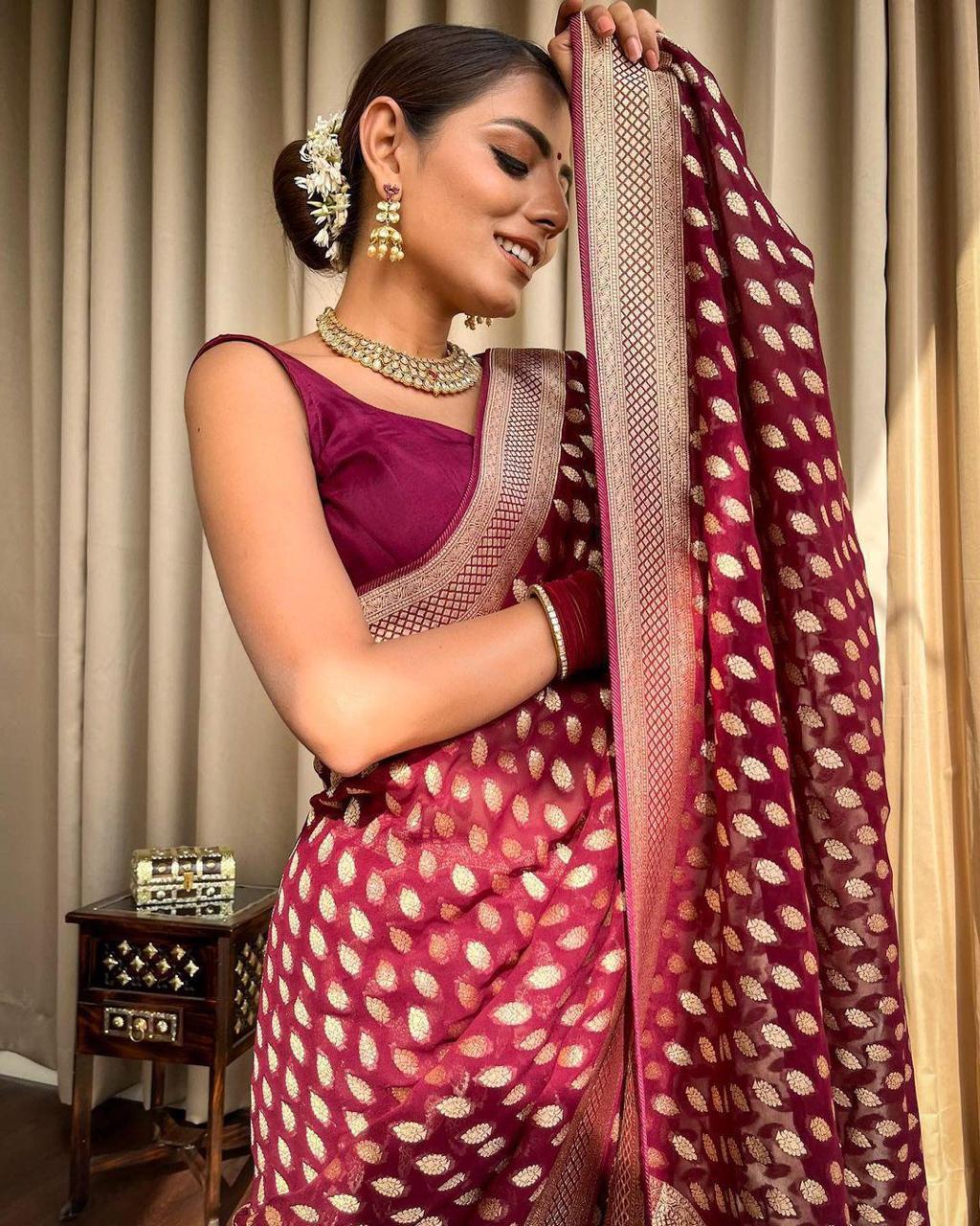 Banarasi Silk Saree with unstitched matching blouse in Maroon Color