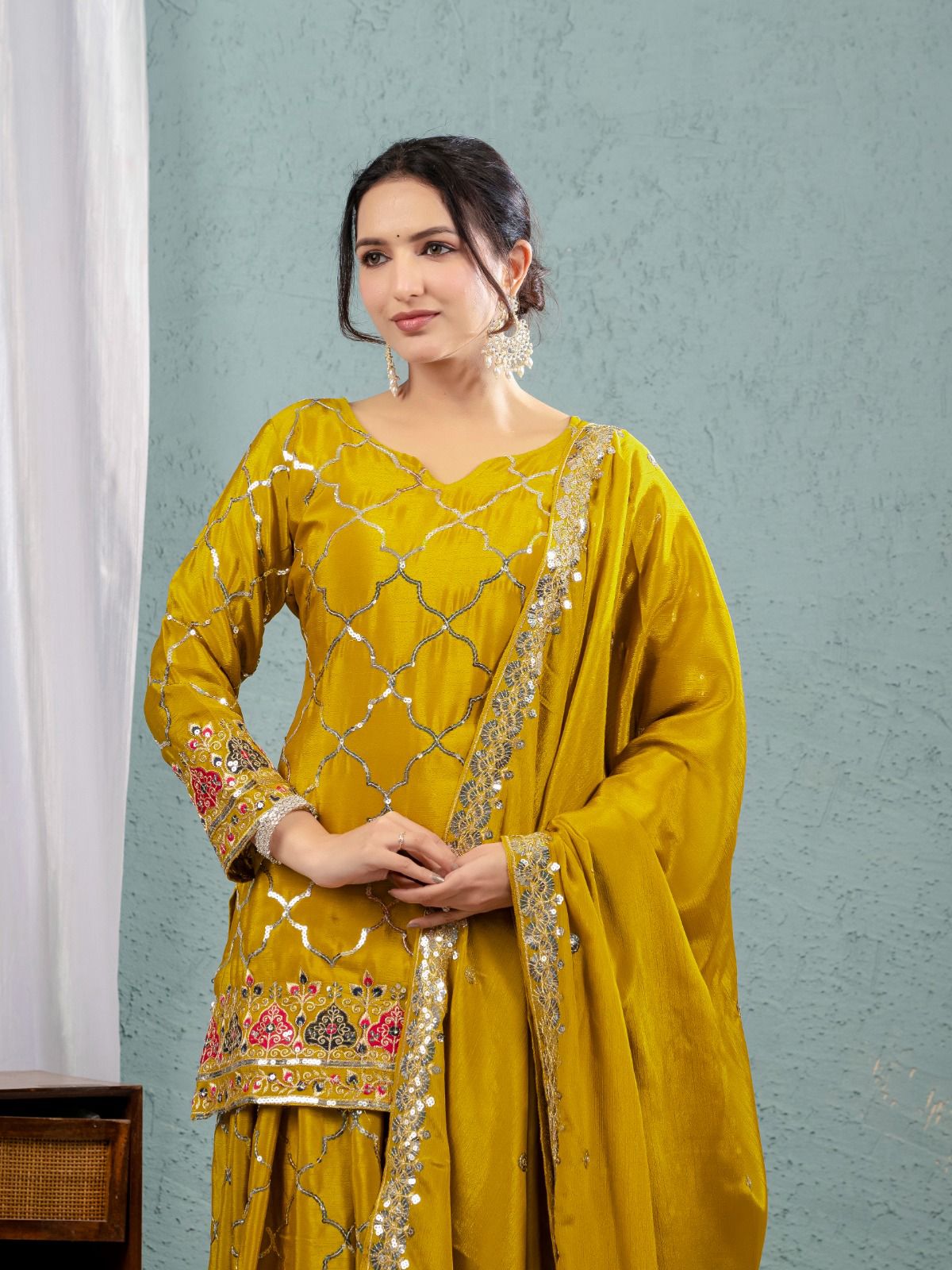 Yellow Color Beautiful Sharara Suit in Chinon Fabric