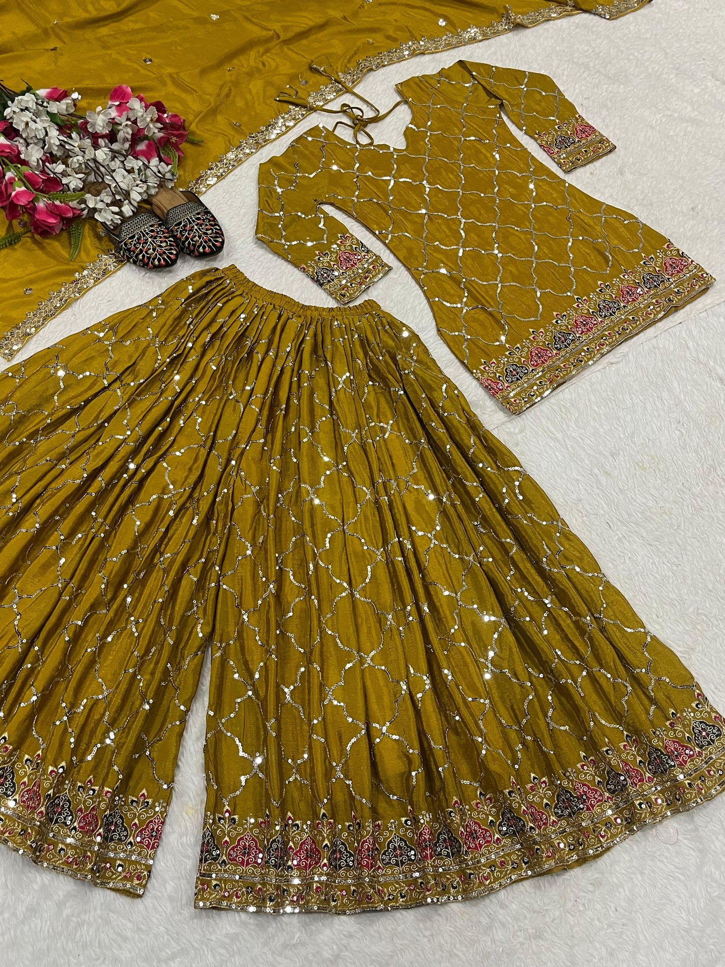 Yellow Color Beautiful Sharara Suit in Chinon Fabric