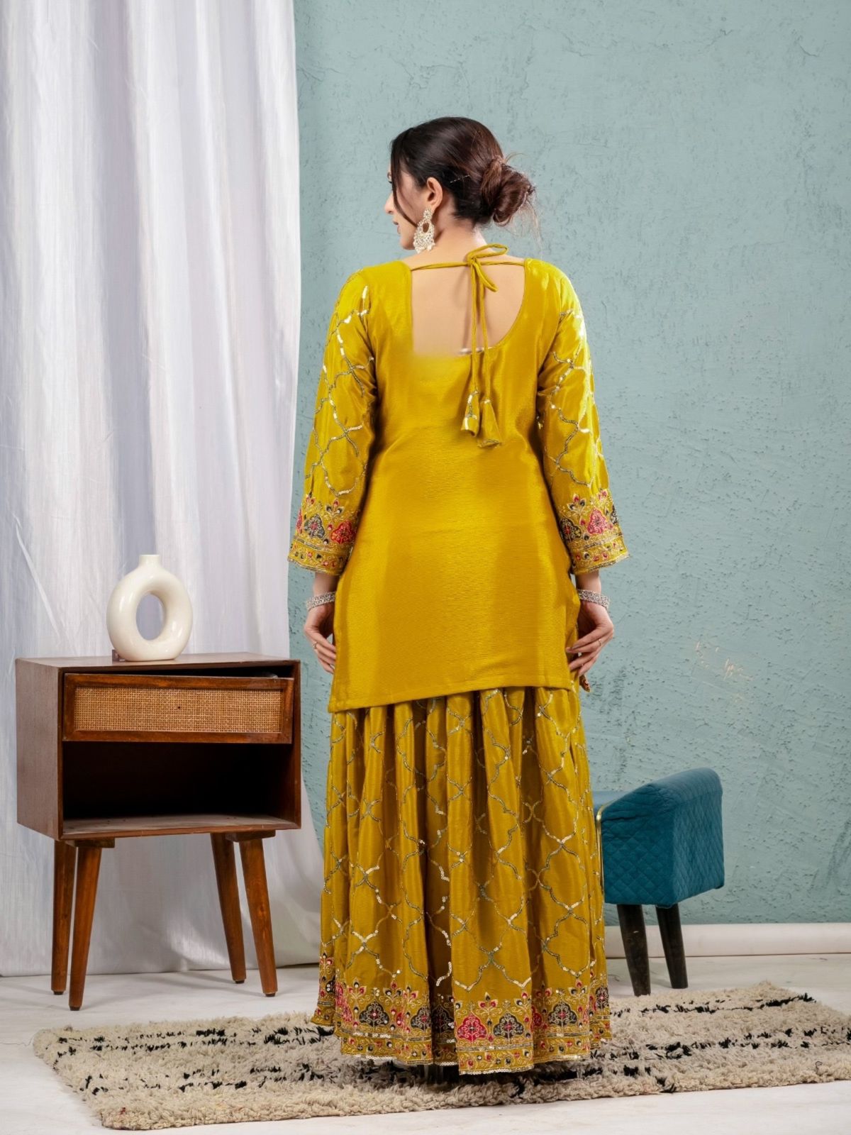 Yellow Color Beautiful Sharara Suit in Chinon Fabric