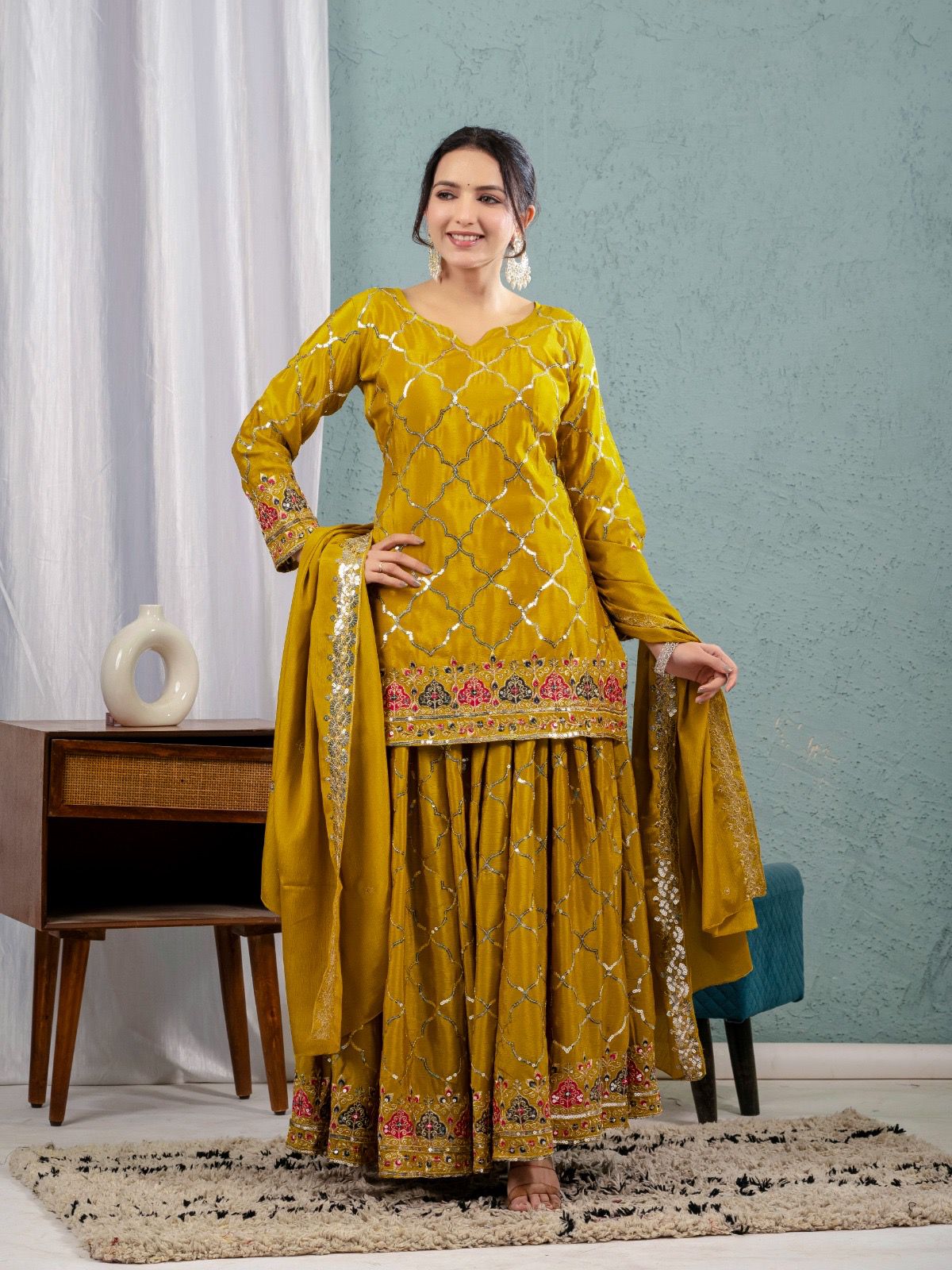 Yellow Color Beautiful Sharara Suit in Chinon Fabric