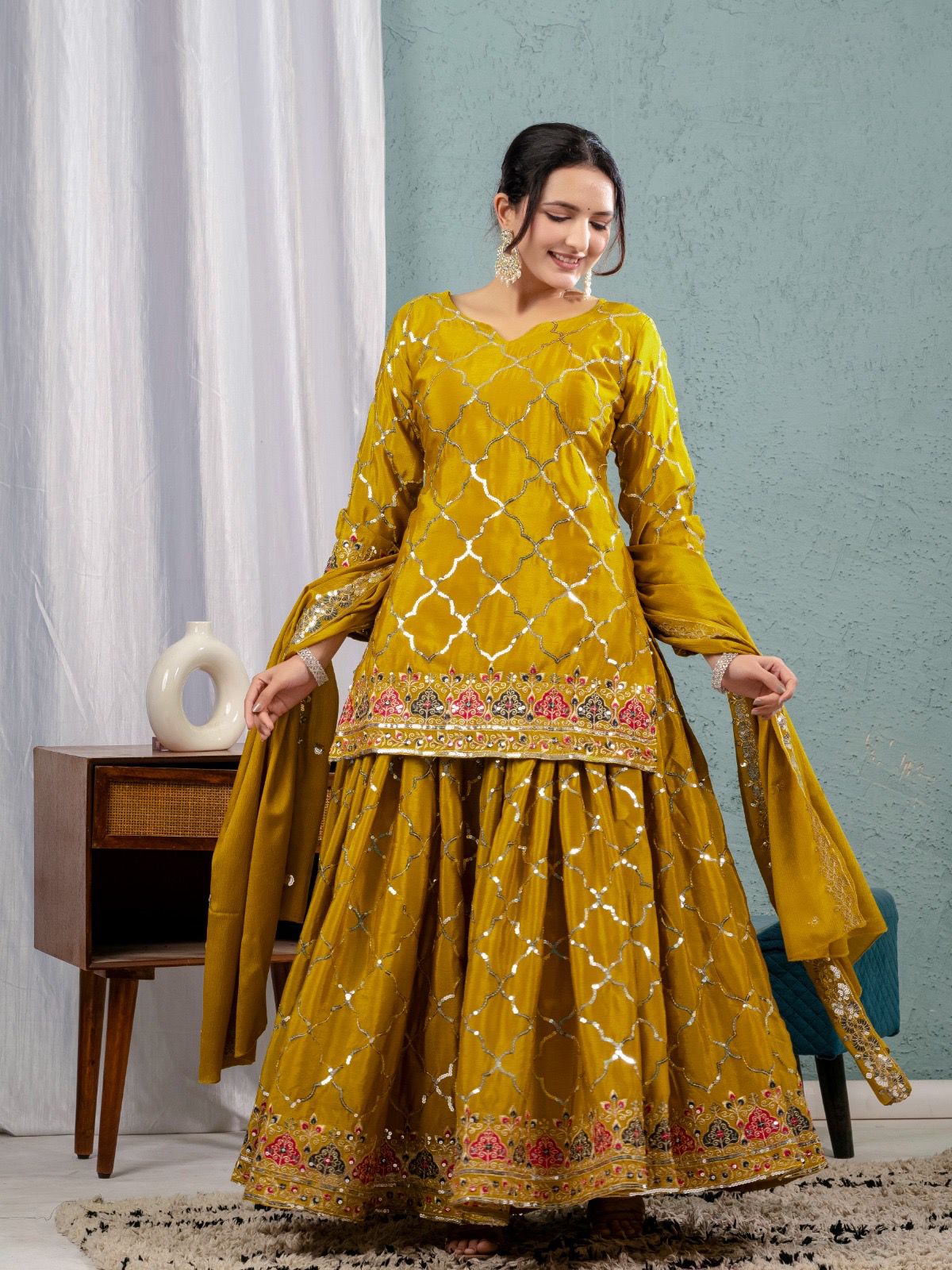 Yellow Color Beautiful Sharara Suit in Chinon Fabric