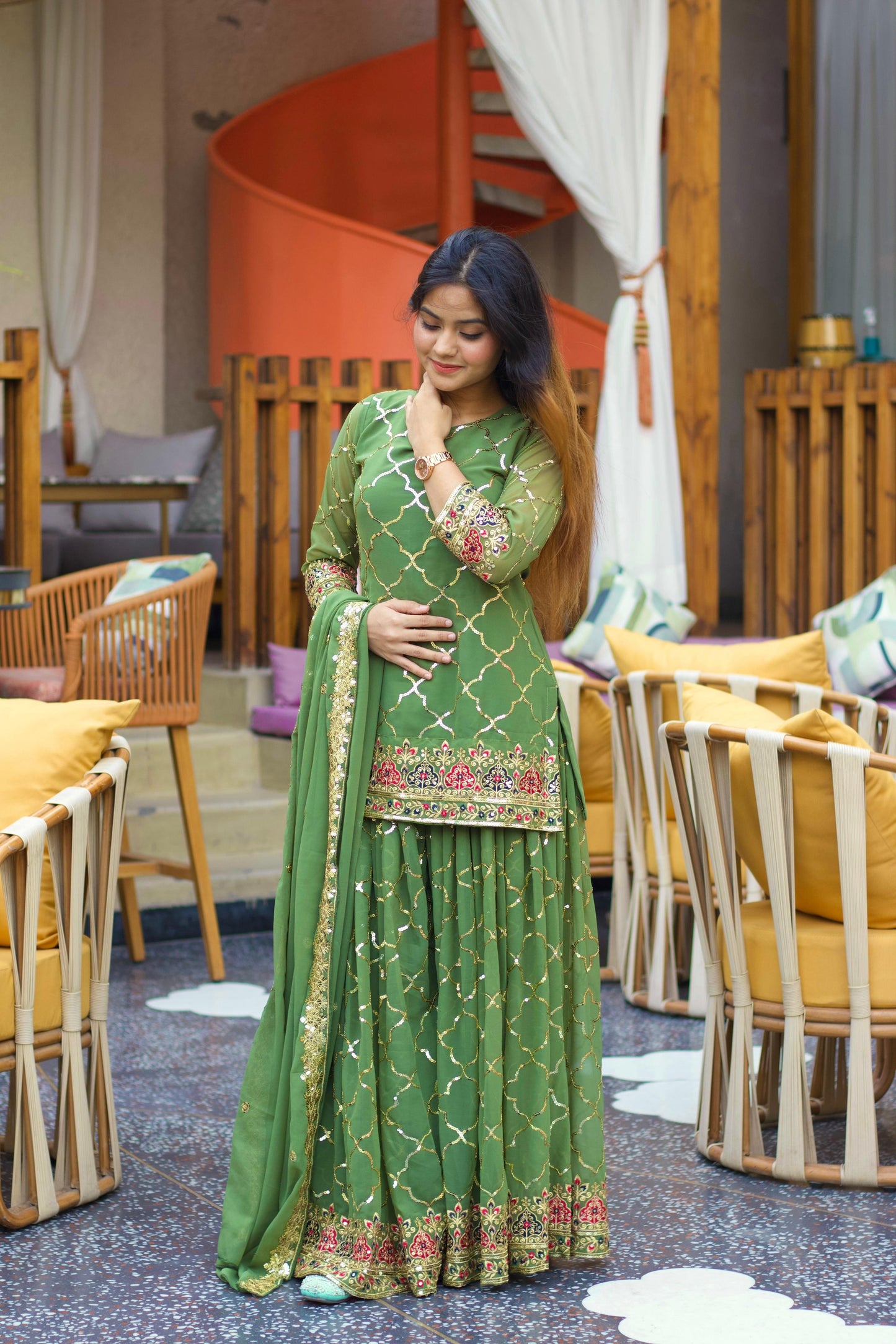 Green Color Beautiful Sharara Suit in Chinon Fabric