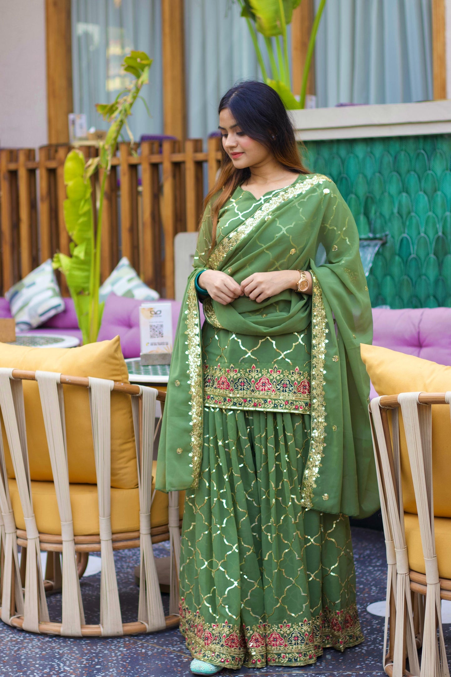 Green Color Beautiful Sharara Suit in Chinon Fabric