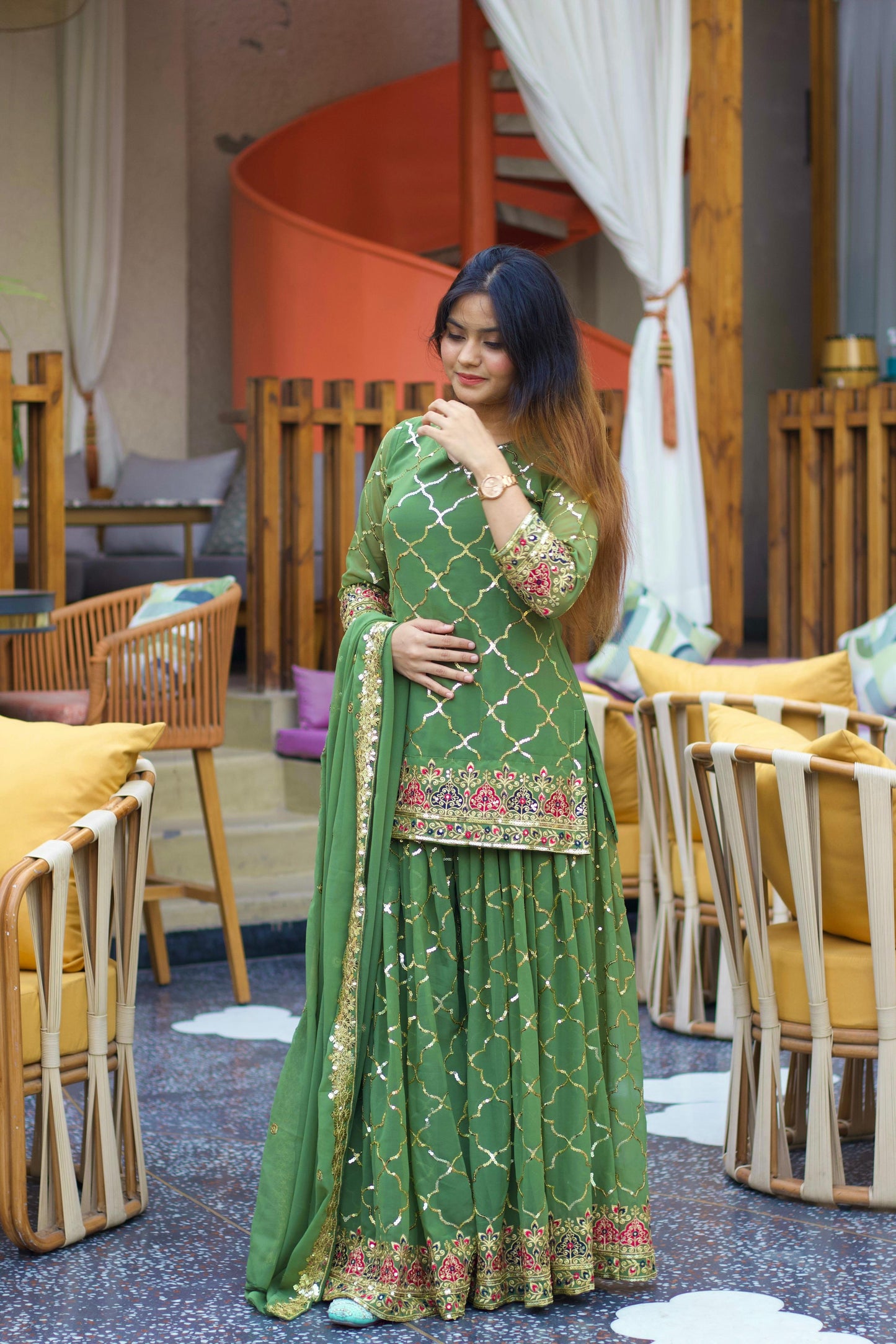 Green Color Beautiful Sharara Suit in Chinon Fabric