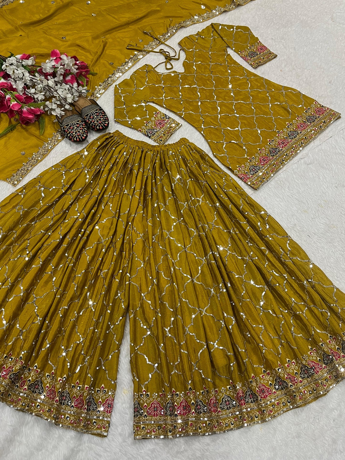 Yellow Color Beautiful Sharara Suit in Chinon Fabric