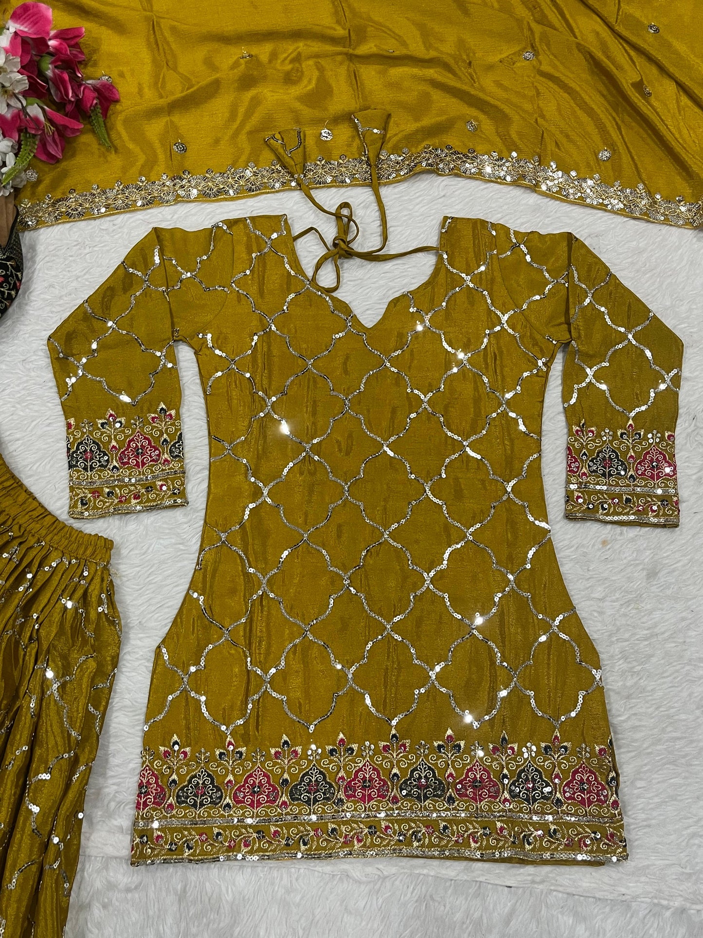 Yellow Color Beautiful Sharara Suit in Chinon Fabric