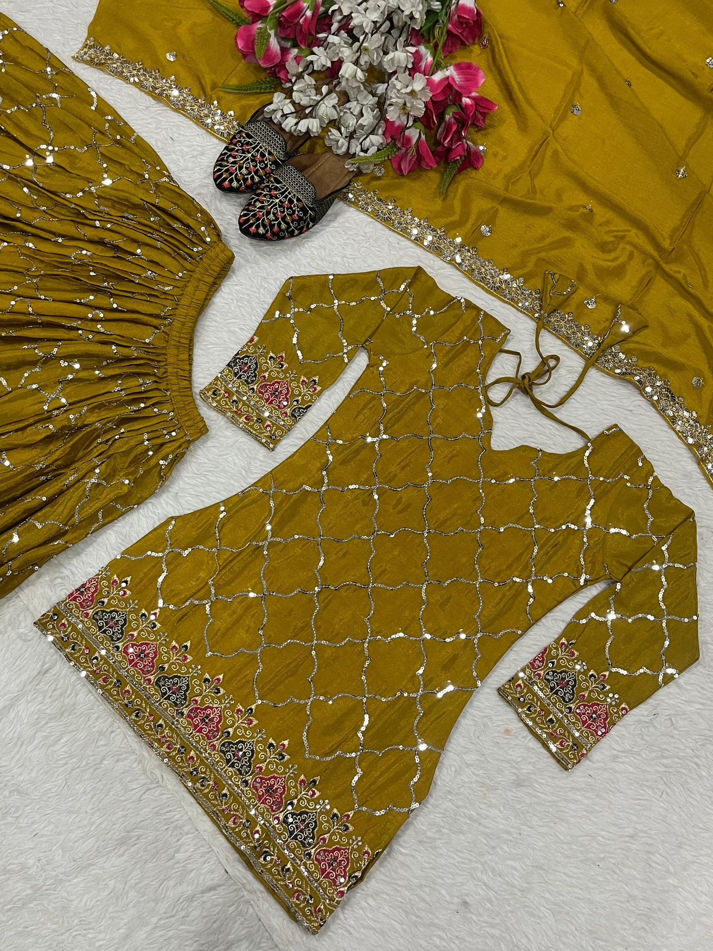 Yellow Color Beautiful Sharara Suit in Chinon Fabric