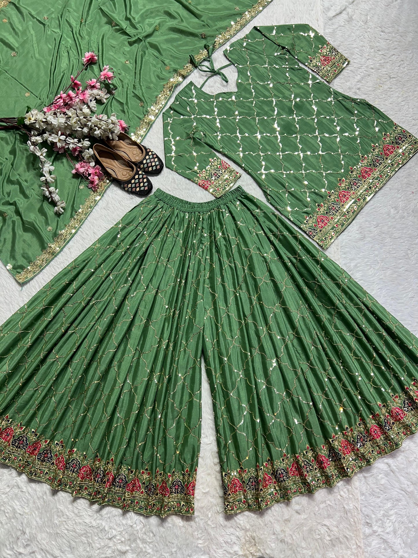 Green Color Beautiful Sharara Suit in Chinon Fabric