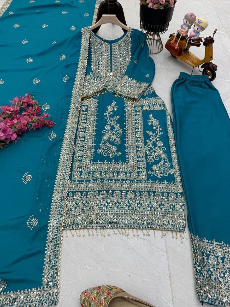 Designer Party Top Pent & Dupatta Set in blue color