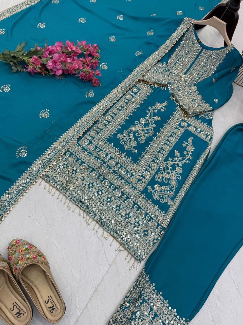 Designer Party Top Pent & Dupatta Set in blue color