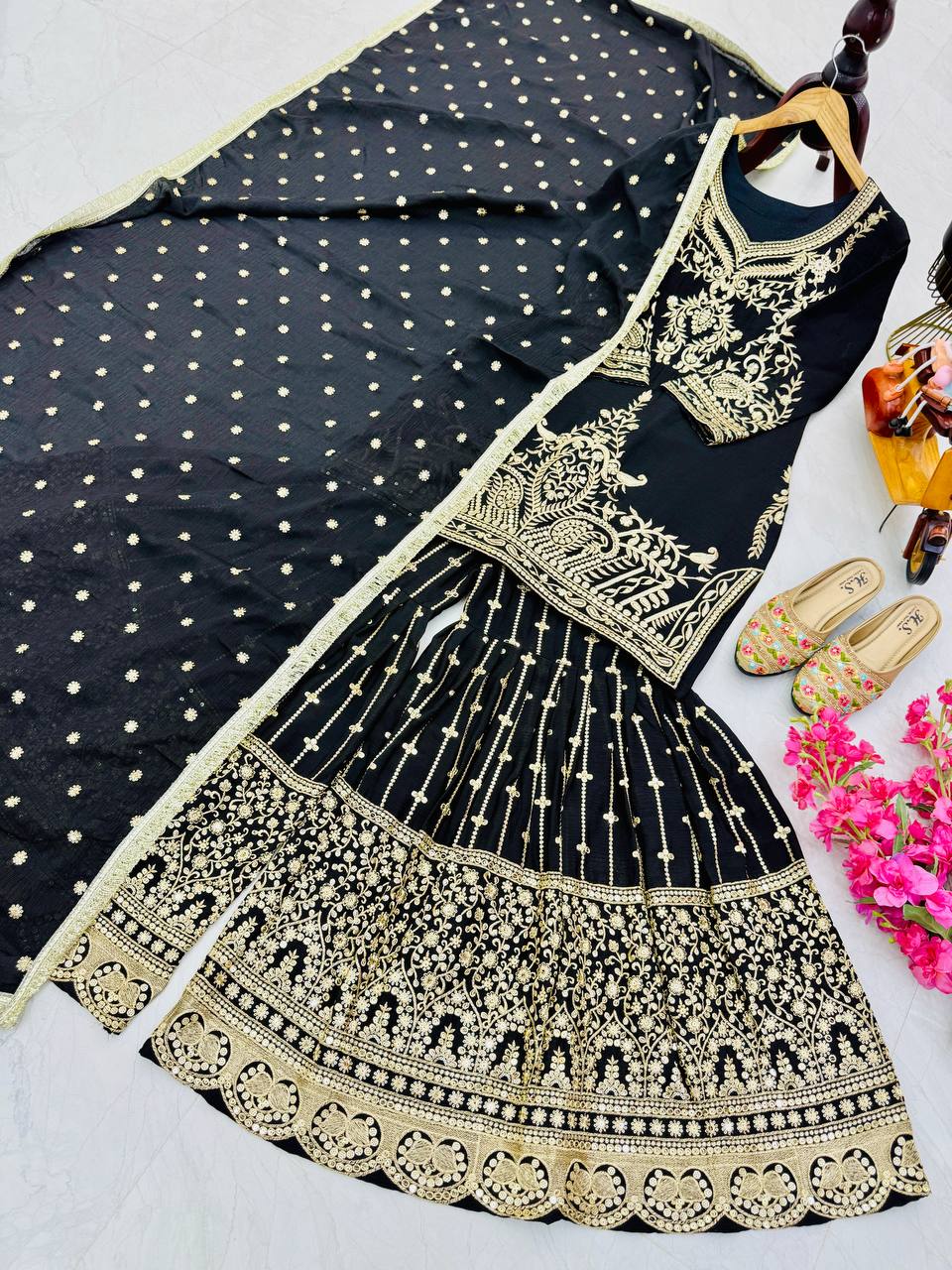Black Color Beautiful Partywear Designer Party Top Sharara & Dupatta