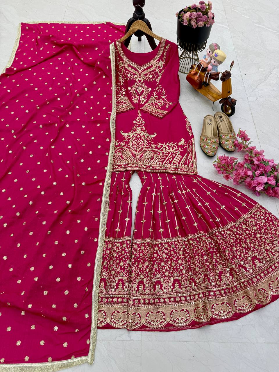 Red Color Beautiful Partywear Designer Party Top Sharara & Dupatta
