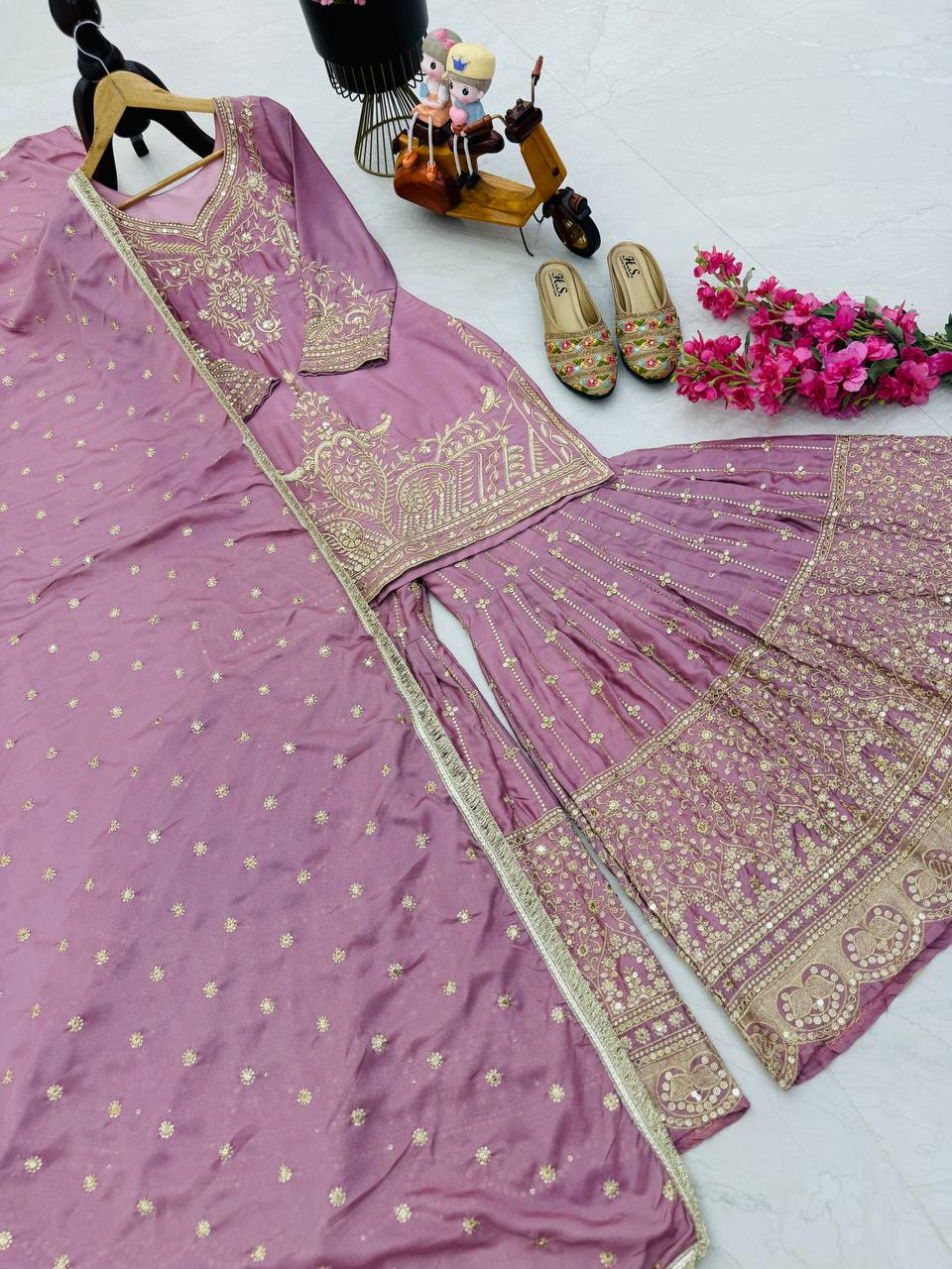 Peach Color Beautiful Partywear Designer Party Top Sharara & Dupatta